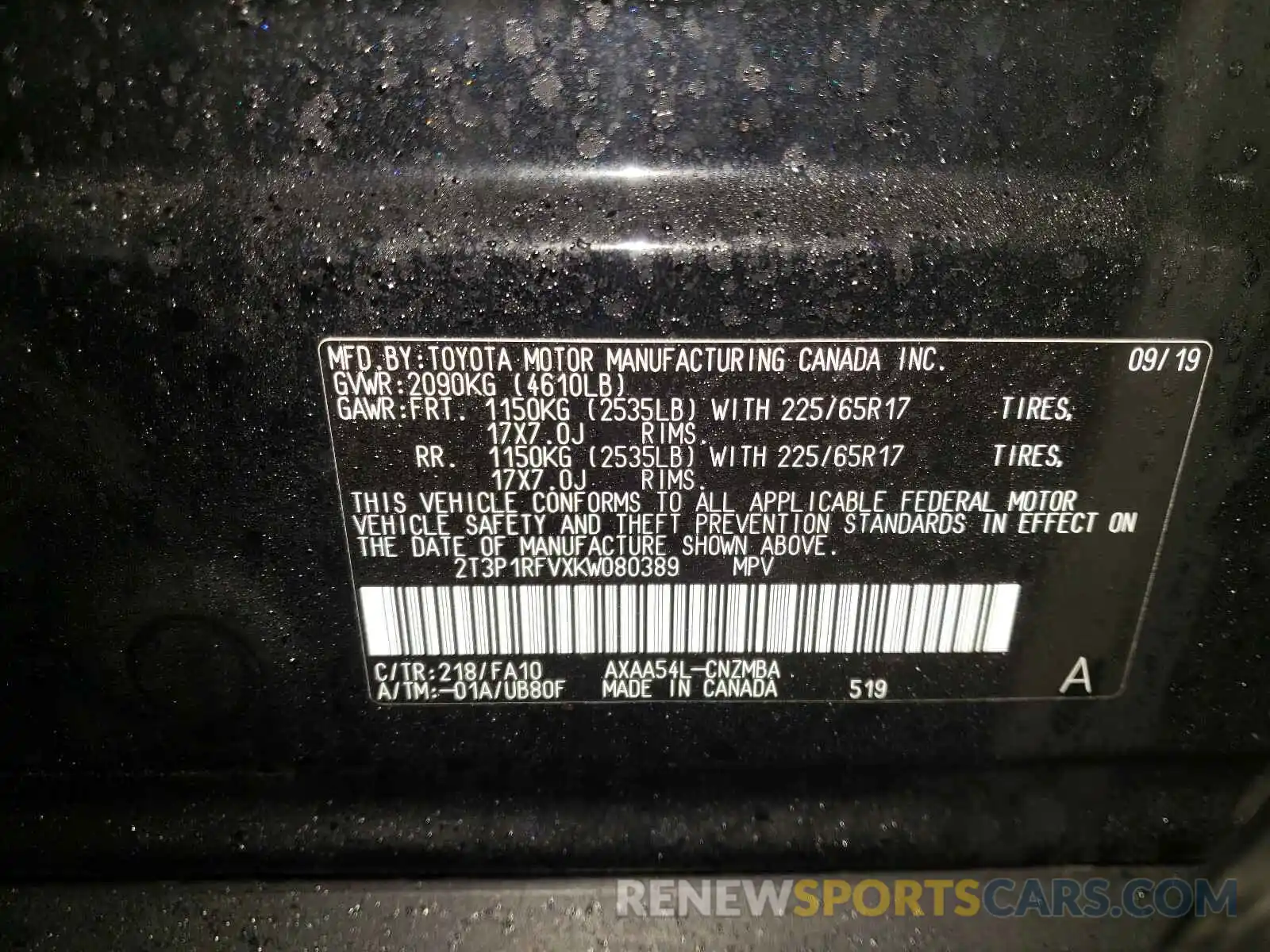 10 Photograph of a damaged car 2T3P1RFVXKW080389 TOYOTA RAV4 2019