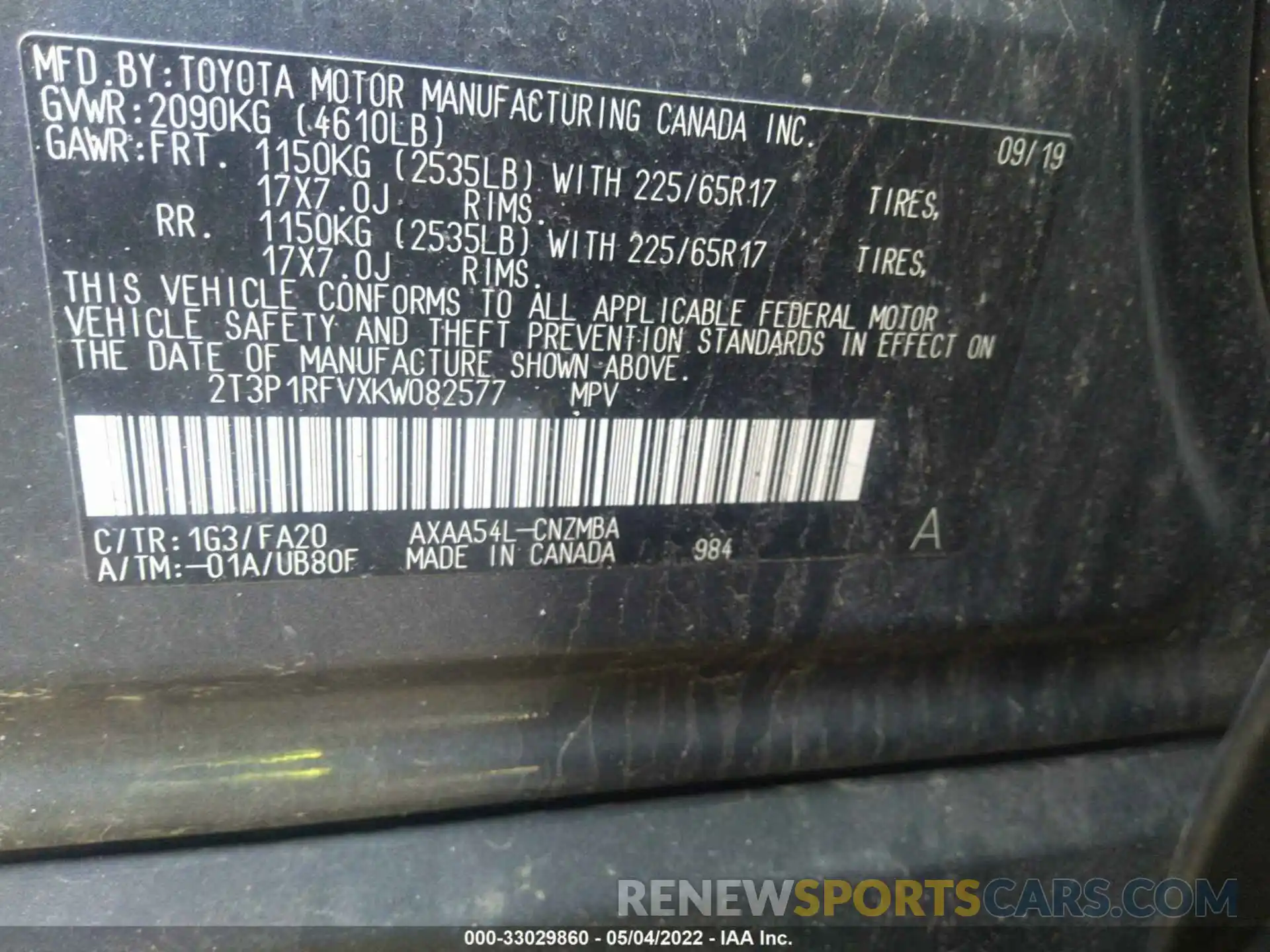 9 Фотография поврежденного автомобиля 2T3P1RFVXKW082577 TOYOTA RAV4 2019