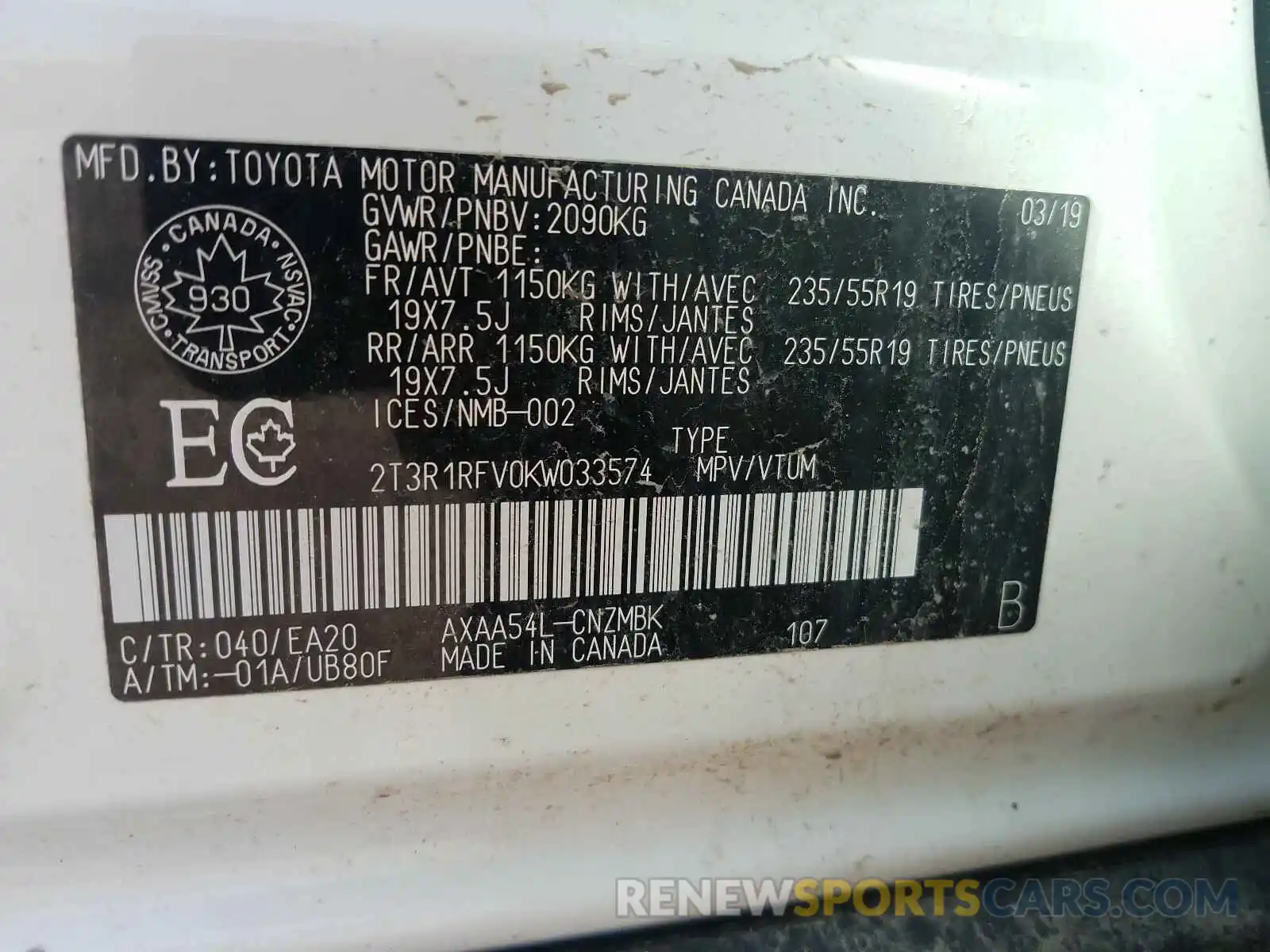 10 Photograph of a damaged car 2T3R1RFV0KW033574 TOYOTA RAV4 2019