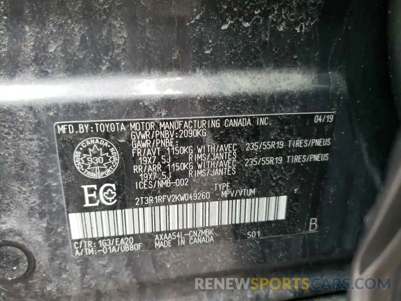 10 Photograph of a damaged car 2T3R1RFV2KW049260 TOYOTA RAV4 2019