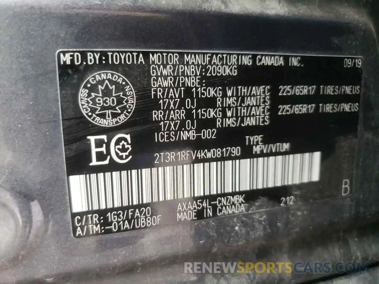 10 Фотография поврежденного автомобиля 2T3R1RFV4KW081790 TOYOTA RAV4 2019