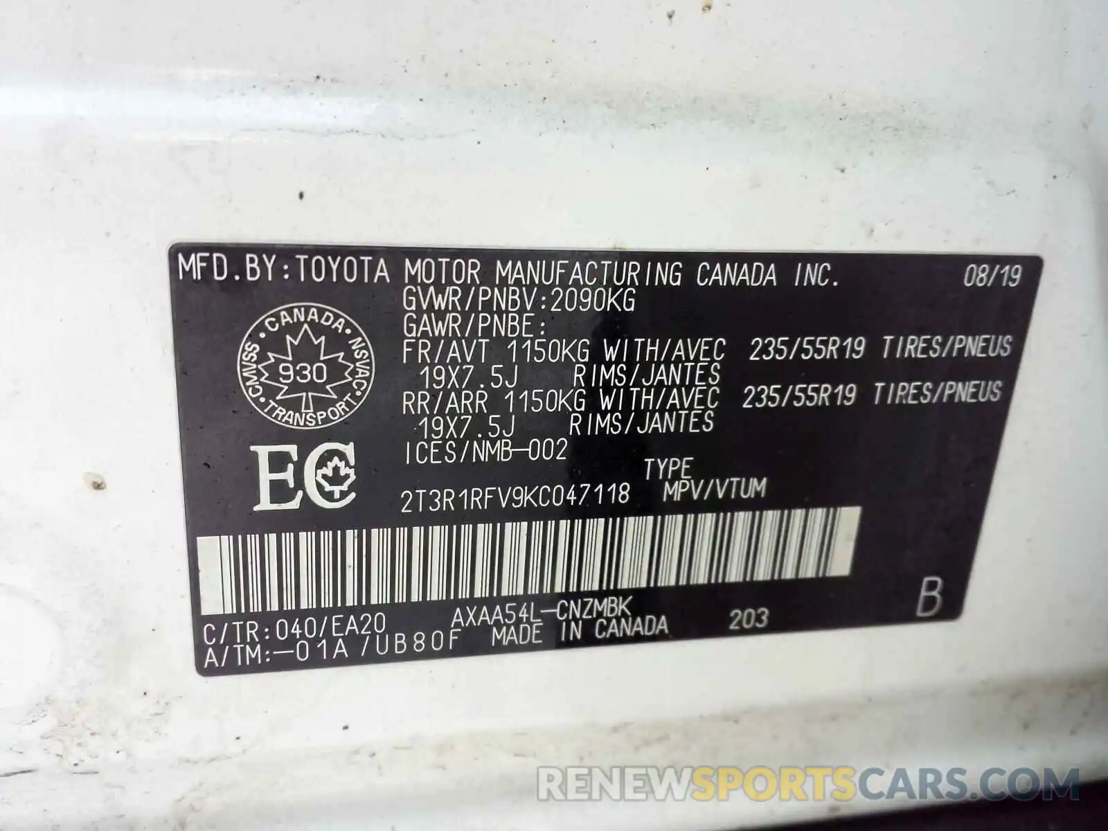 9 Фотография поврежденного автомобиля 2T3R1RFV9KC047118 TOYOTA RAV4 2019