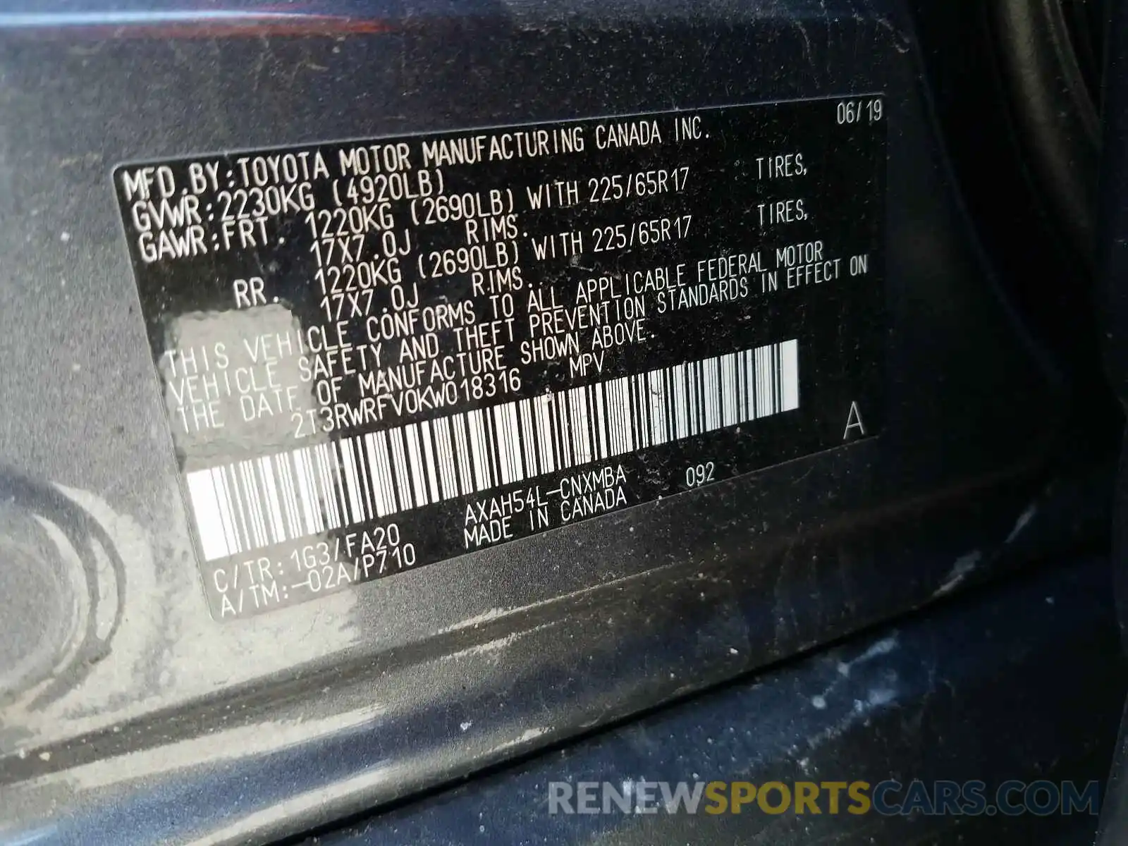 10 Photograph of a damaged car 2T3RWRFV0KW018316 TOYOTA RAV4 2019