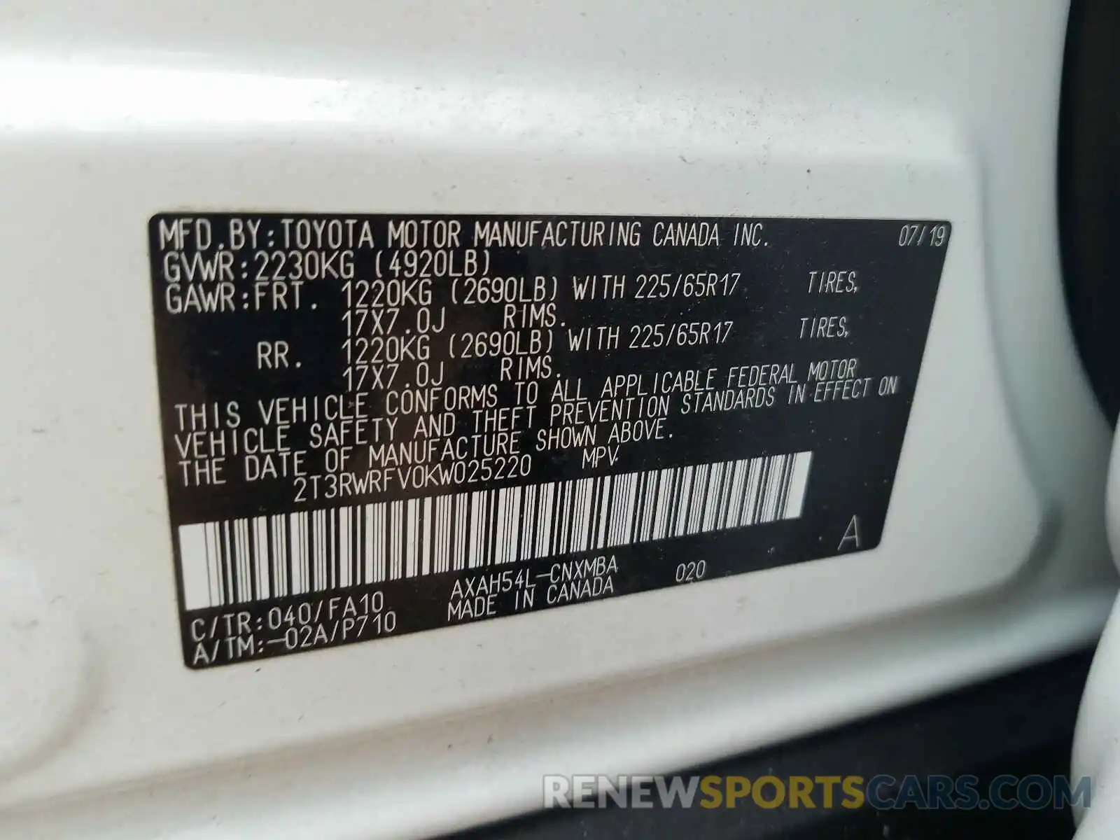 10 Photograph of a damaged car 2T3RWRFV0KW025220 TOYOTA RAV4 2019