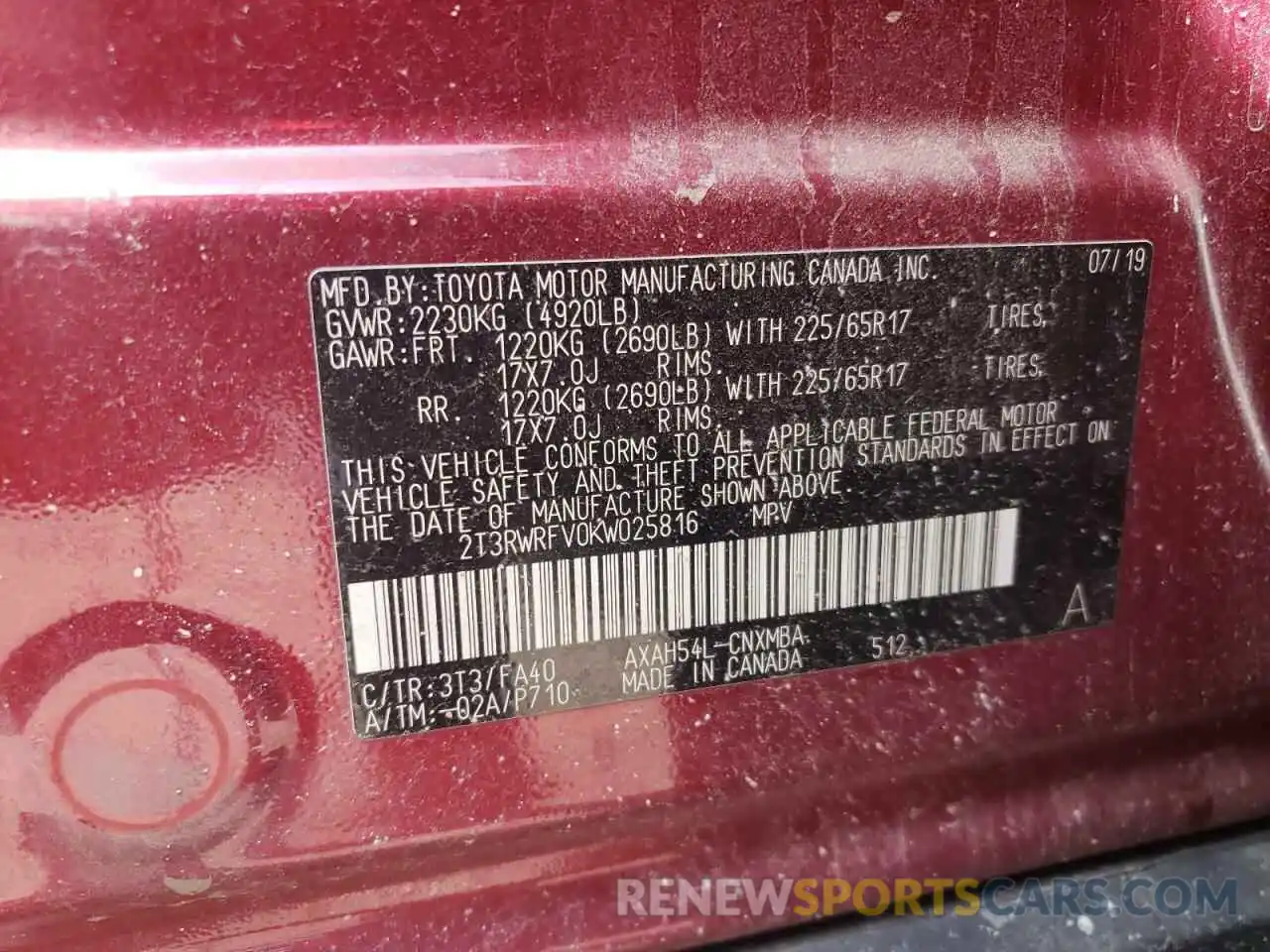 10 Photograph of a damaged car 2T3RWRFV0KW025816 TOYOTA RAV4 2019