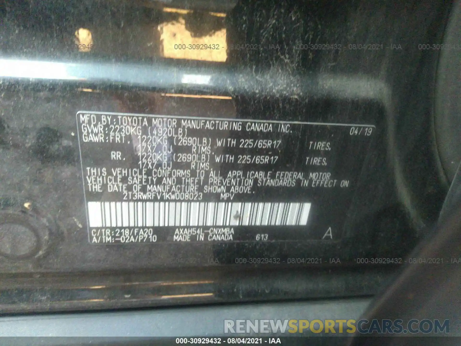 9 Photograph of a damaged car 2T3RWRFV1KW008023 TOYOTA RAV4 2019