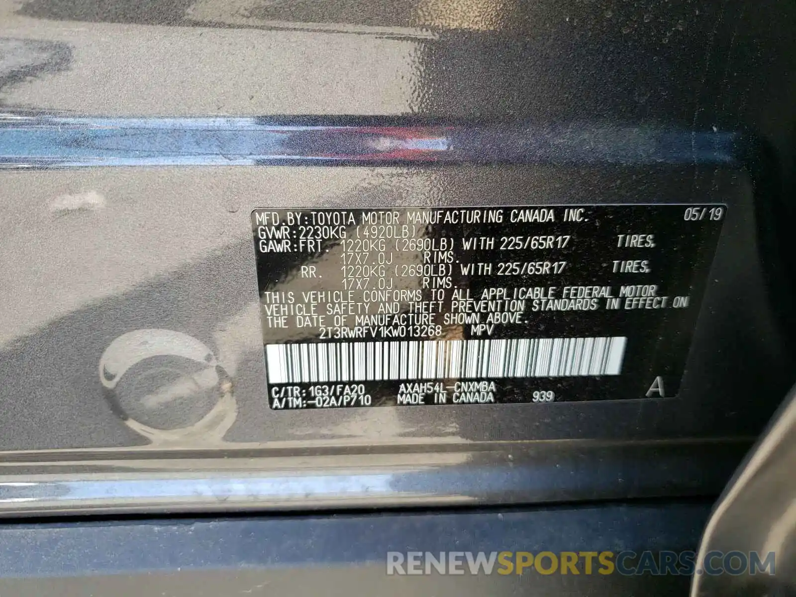 10 Photograph of a damaged car 2T3RWRFV1KW013268 TOYOTA RAV4 2019