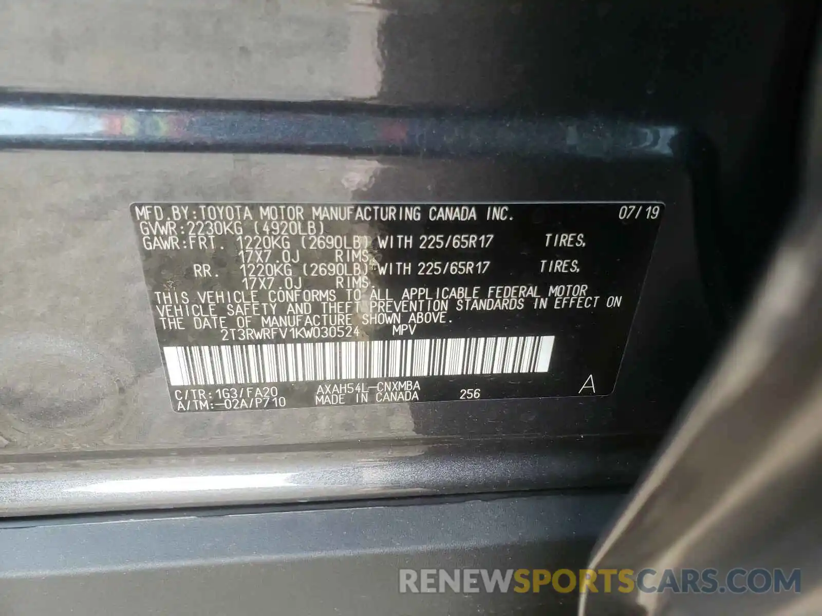 10 Photograph of a damaged car 2T3RWRFV1KW030524 TOYOTA RAV4 2019