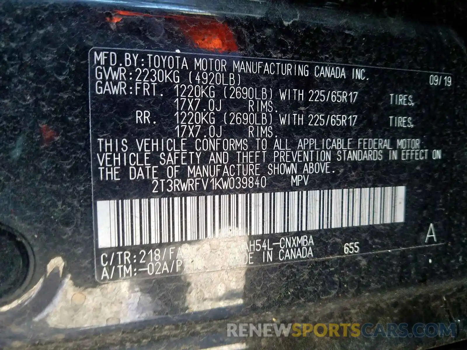 10 Фотография поврежденного автомобиля 2T3RWRFV1KW039840 TOYOTA RAV4 2019