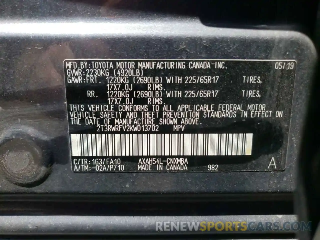 10 Фотография поврежденного автомобиля 2T3RWRFV2KW013702 TOYOTA RAV4 2019