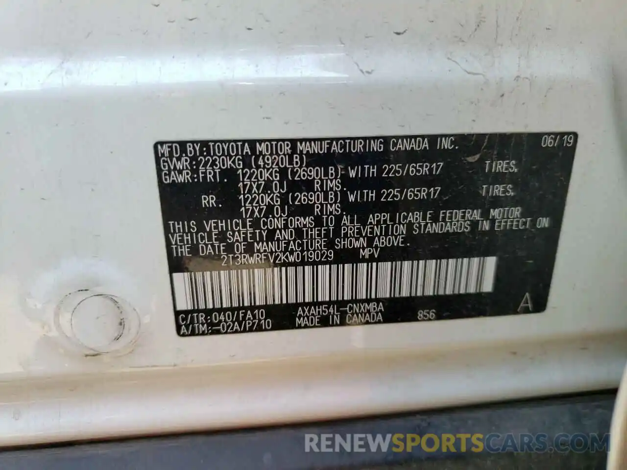 10 Photograph of a damaged car 2T3RWRFV2KW019029 TOYOTA RAV4 2019