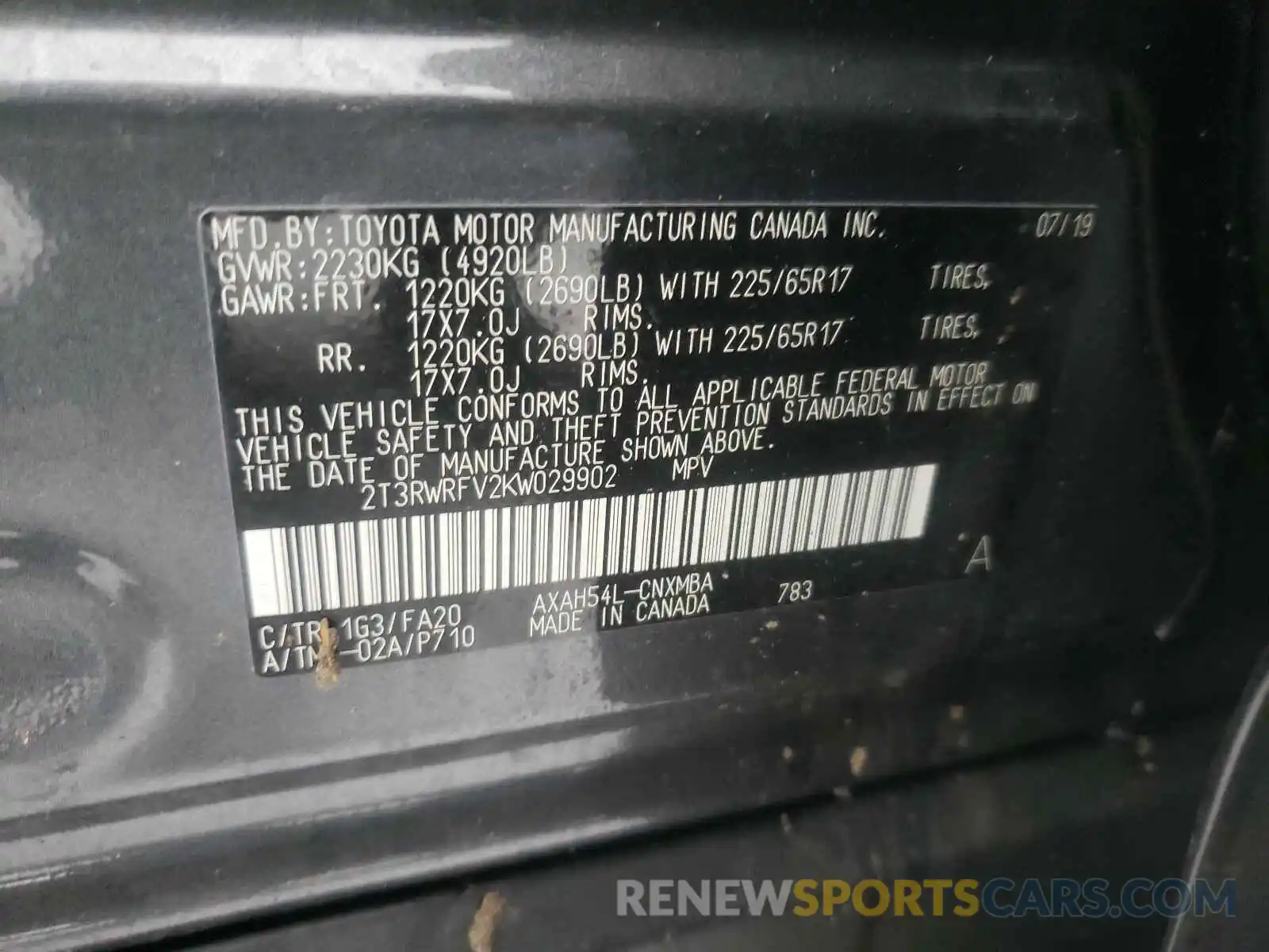 10 Photograph of a damaged car 2T3RWRFV2KW029902 TOYOTA RAV4 2019