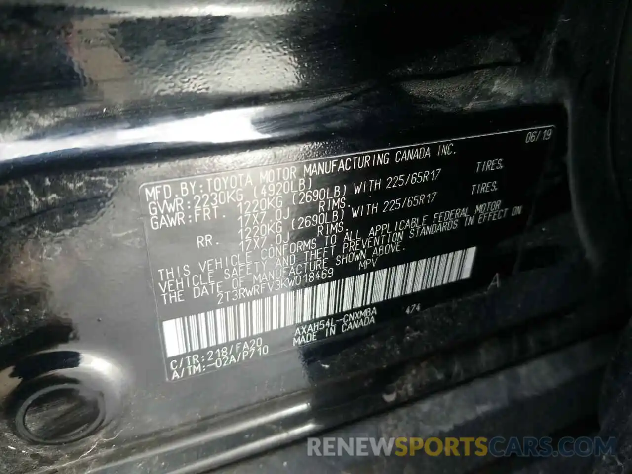 10 Фотография поврежденного автомобиля 2T3RWRFV3KW018469 TOYOTA RAV4 2019