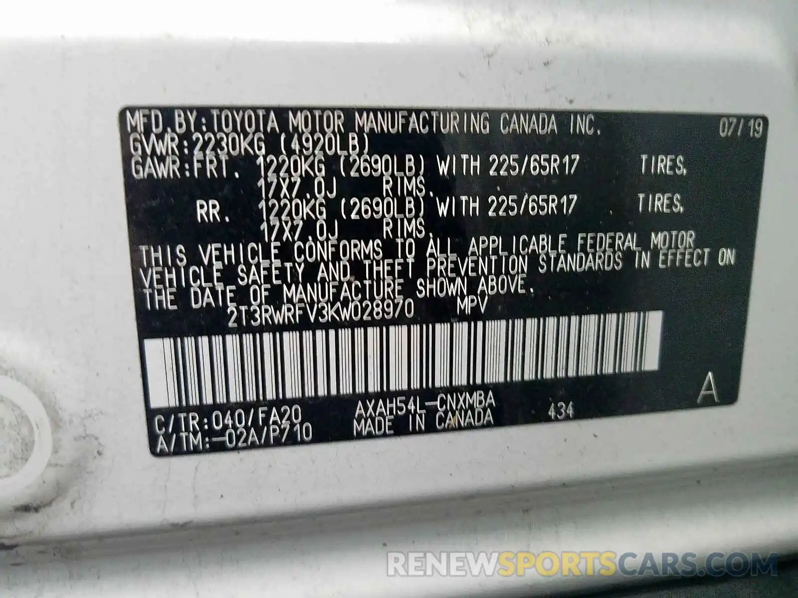 10 Фотография поврежденного автомобиля 2T3RWRFV3KW028970 TOYOTA RAV4 2019