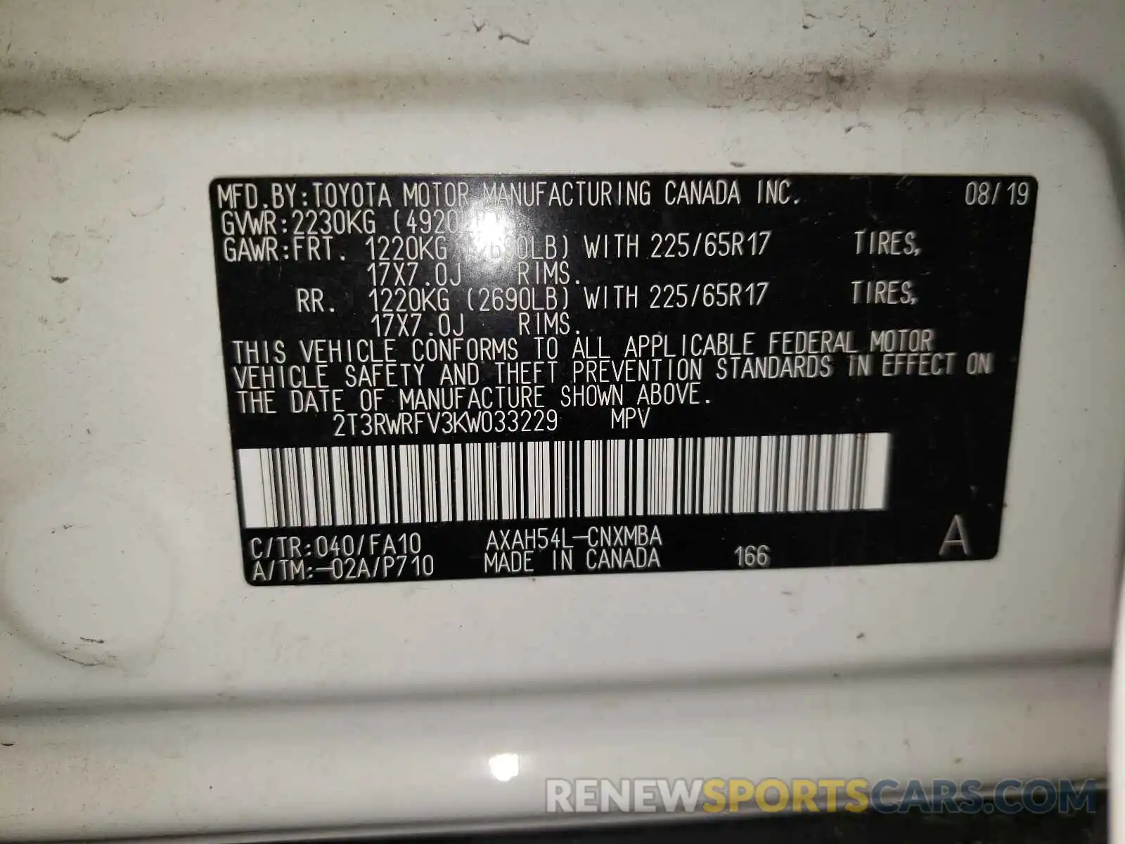 10 Photograph of a damaged car 2T3RWRFV3KW033229 TOYOTA RAV4 2019