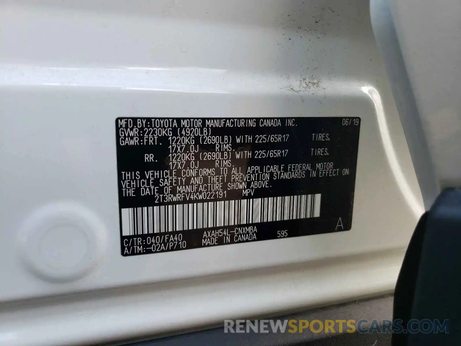 10 Photograph of a damaged car 2T3RWRFV4KW022191 TOYOTA RAV4 2019