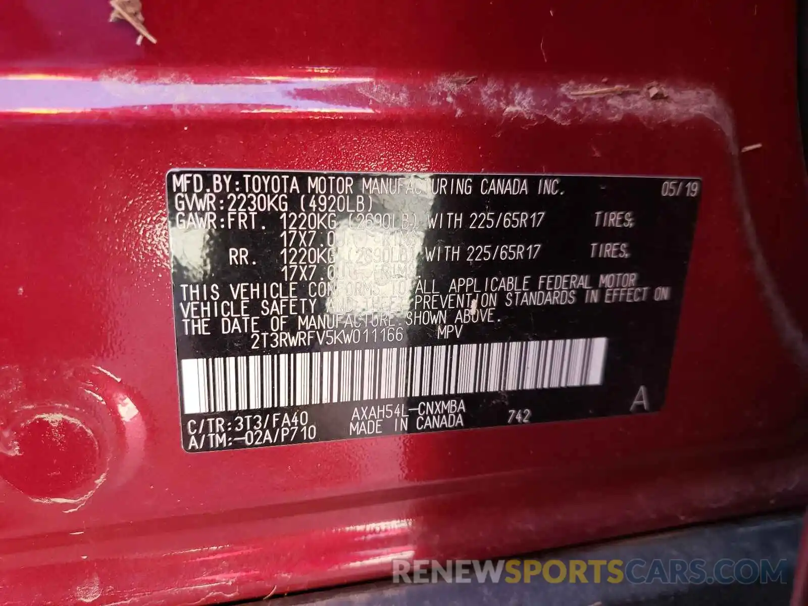 10 Photograph of a damaged car 2T3RWRFV5KW011166 TOYOTA RAV4 2019