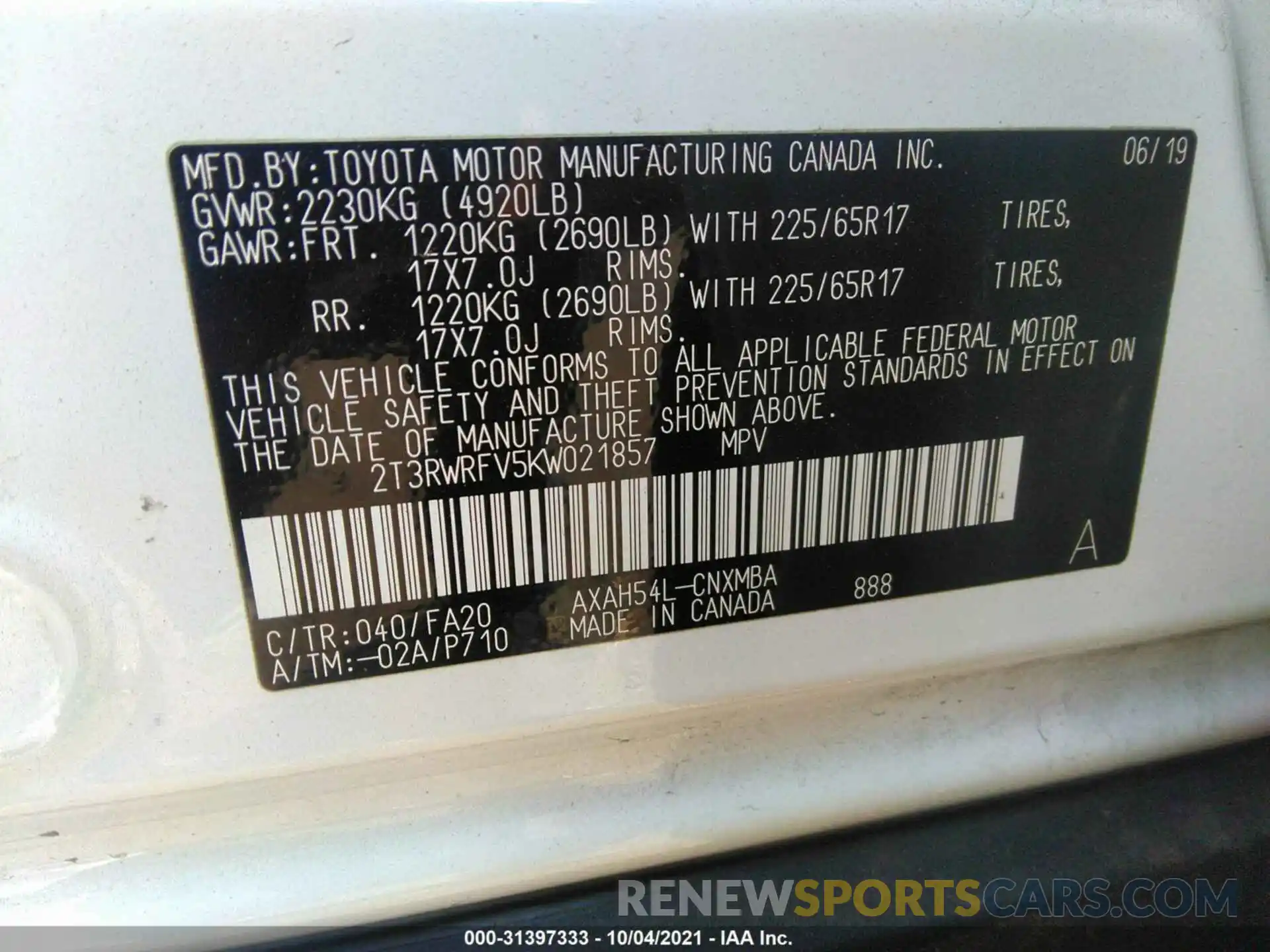 9 Фотография поврежденного автомобиля 2T3RWRFV5KW021857 TOYOTA RAV4 2019