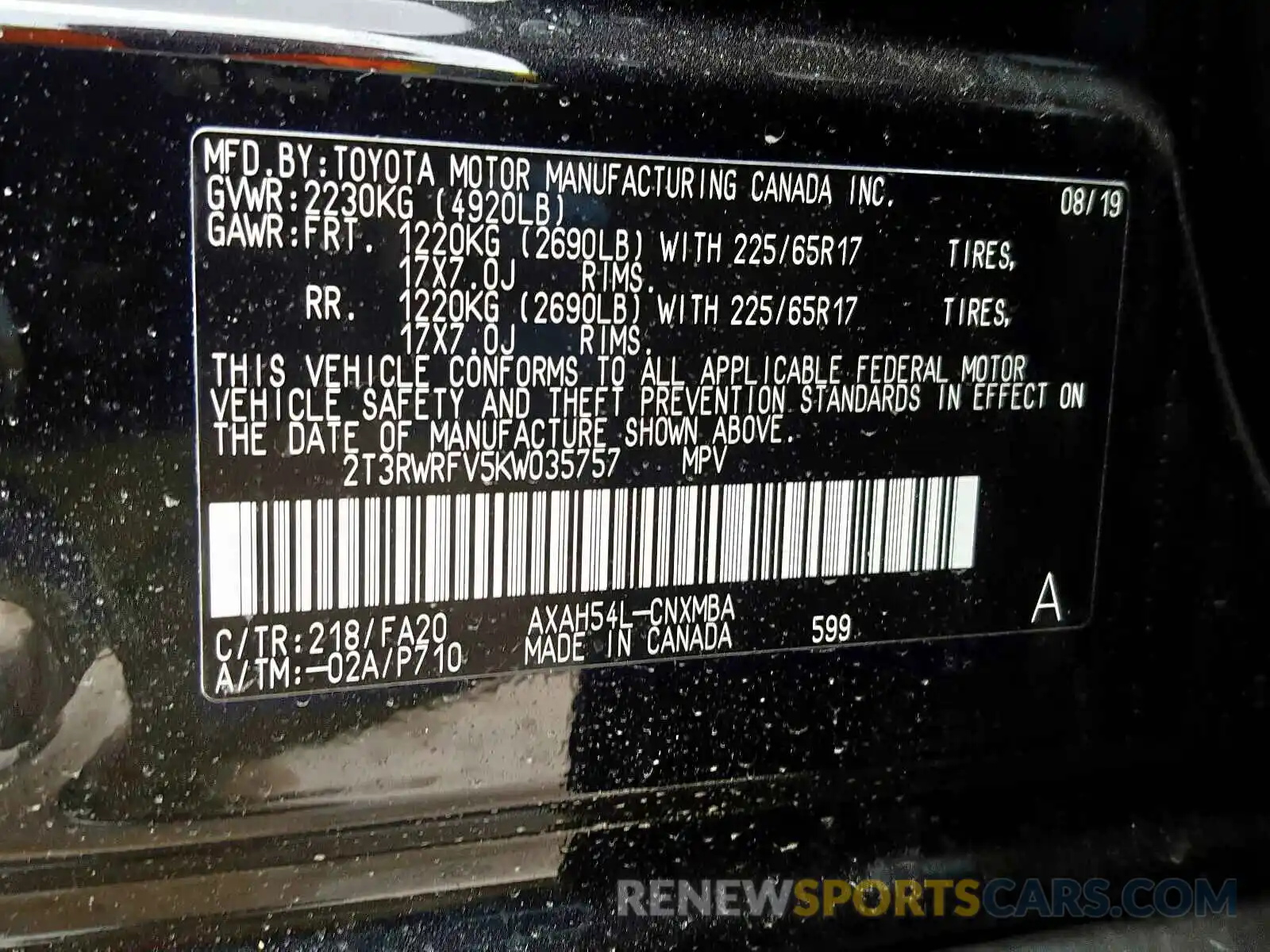 10 Photograph of a damaged car 2T3RWRFV5KW035757 TOYOTA RAV4 2019