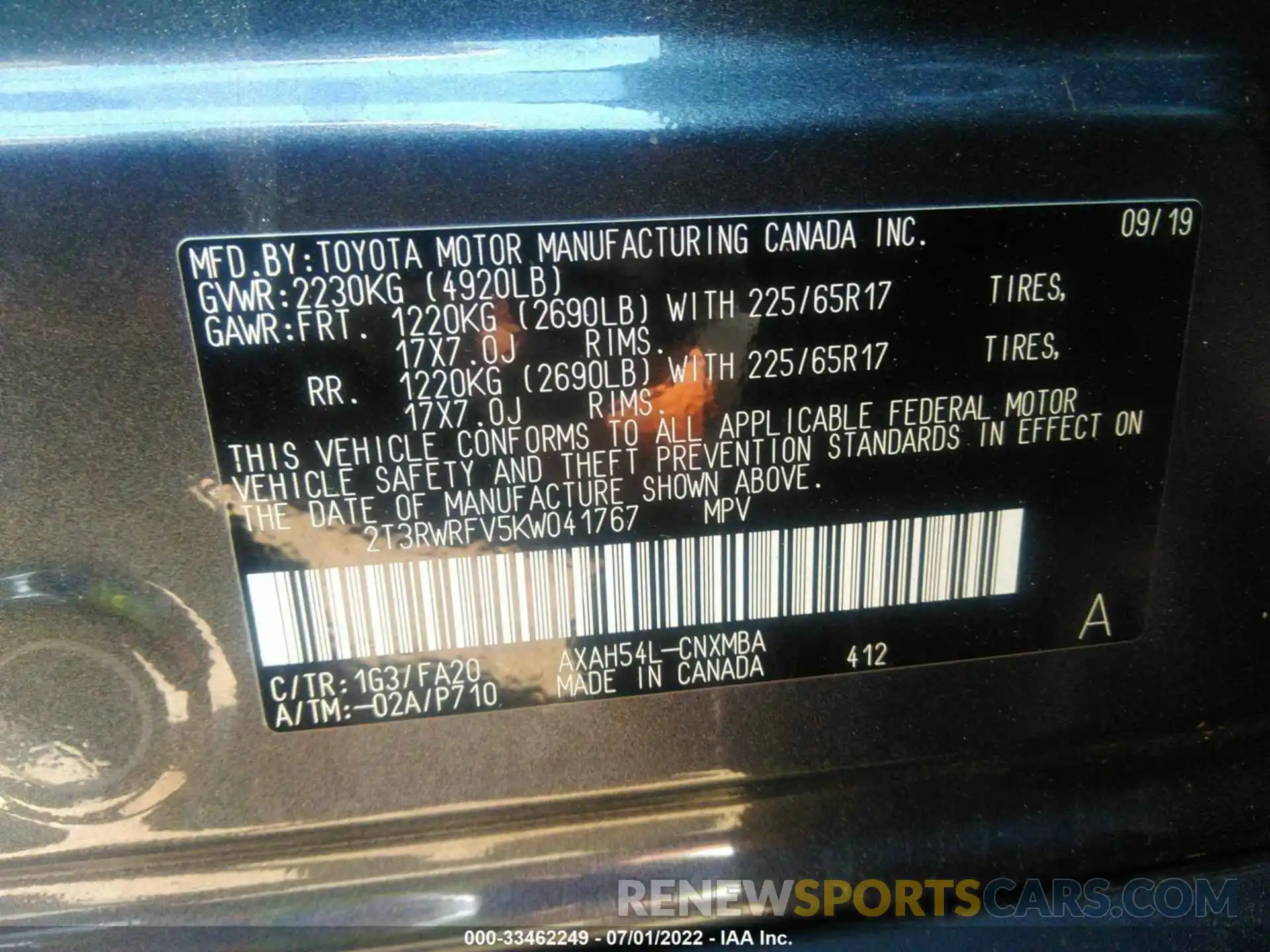 9 Photograph of a damaged car 2T3RWRFV5KW041767 TOYOTA RAV4 2019