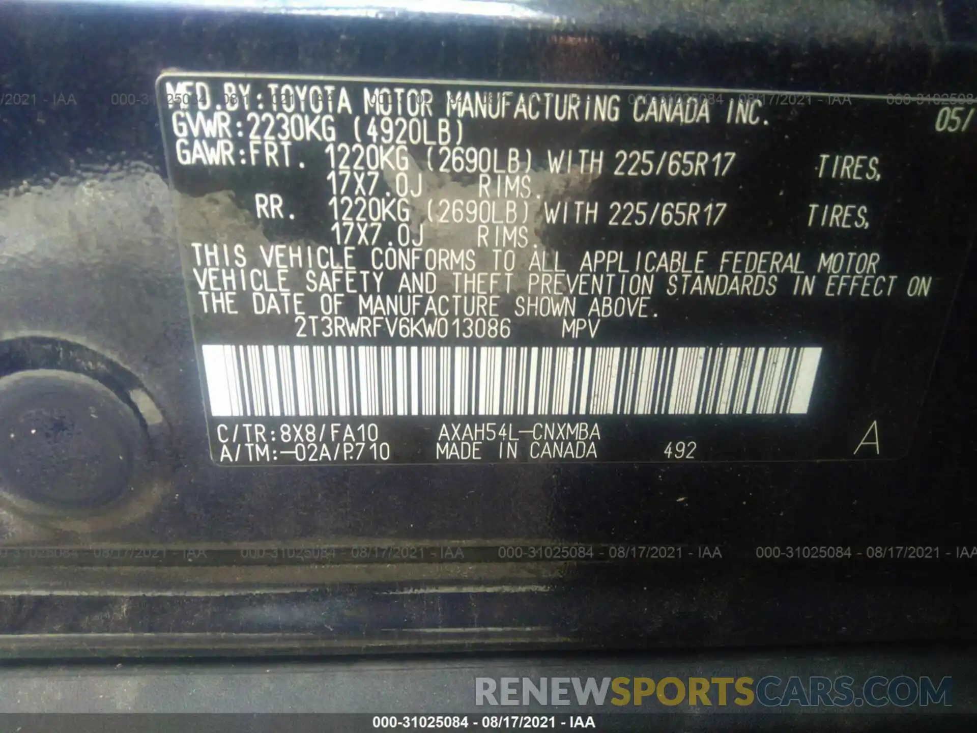 9 Фотография поврежденного автомобиля 2T3RWRFV6KW013086 TOYOTA RAV4 2019