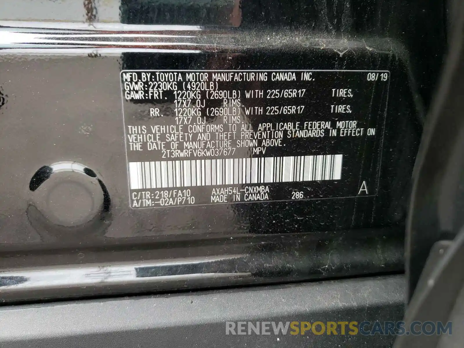 10 Photograph of a damaged car 2T3RWRFV6KW037677 TOYOTA RAV4 2019