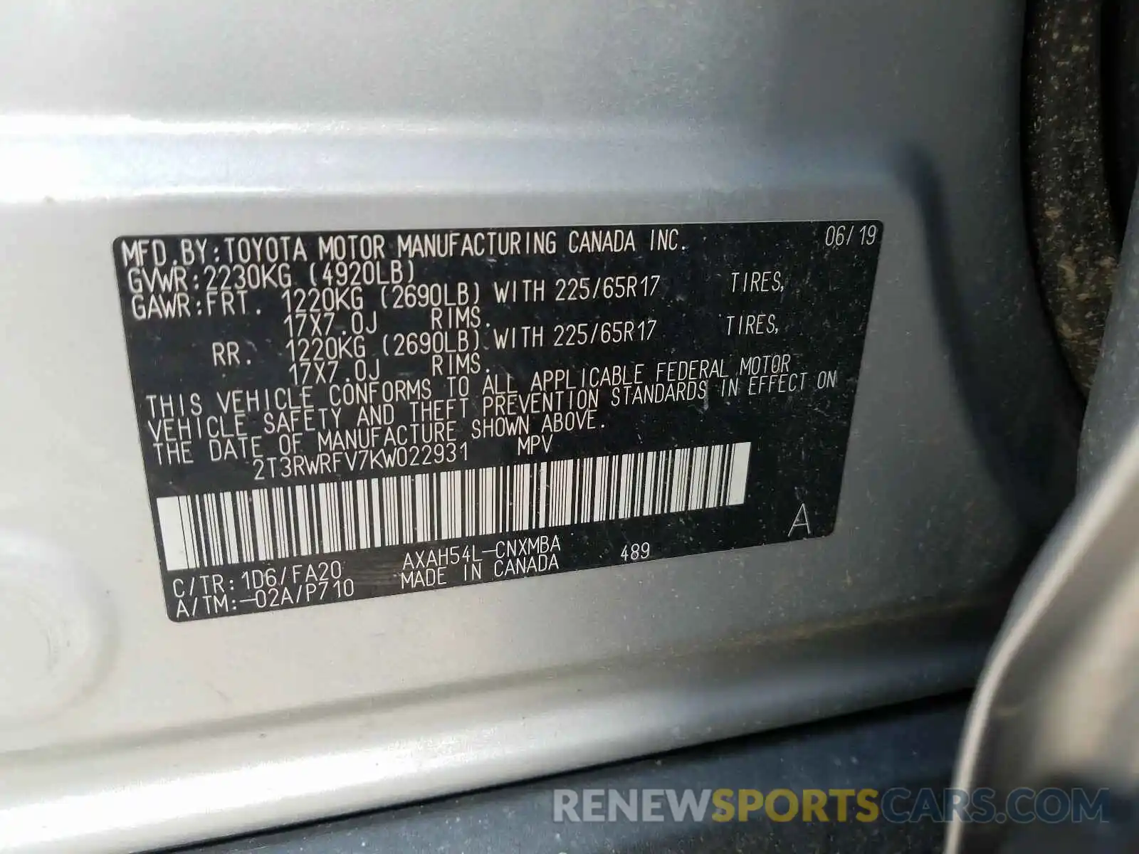 10 Photograph of a damaged car 2T3RWRFV7KW022931 TOYOTA RAV4 2019