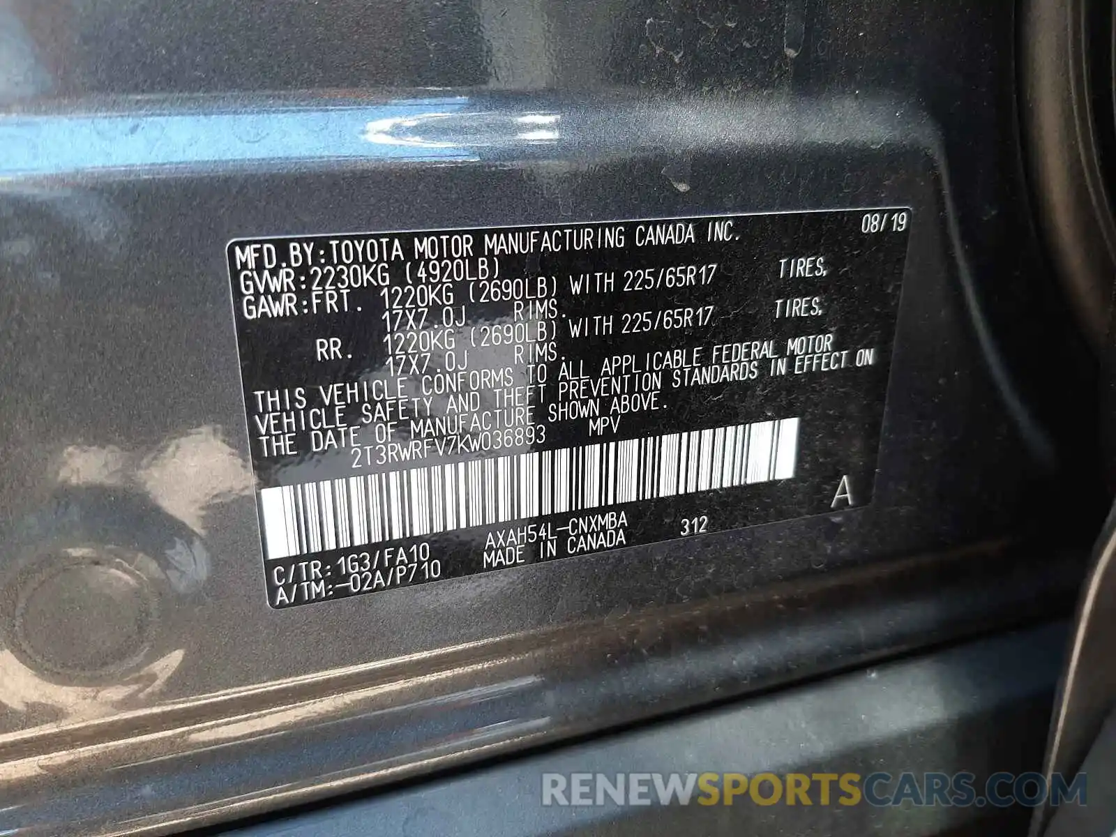 10 Photograph of a damaged car 2T3RWRFV7KW036893 TOYOTA RAV4 2019