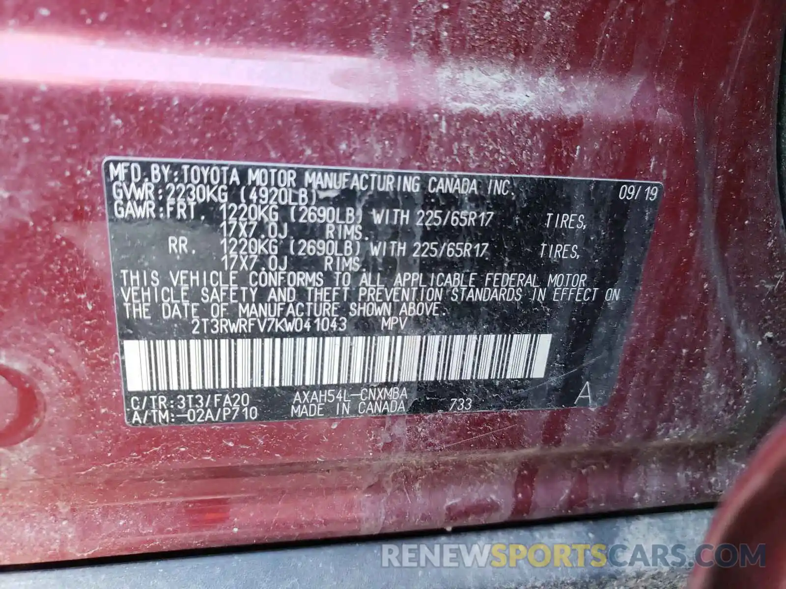 10 Photograph of a damaged car 2T3RWRFV7KW041043 TOYOTA RAV4 2019