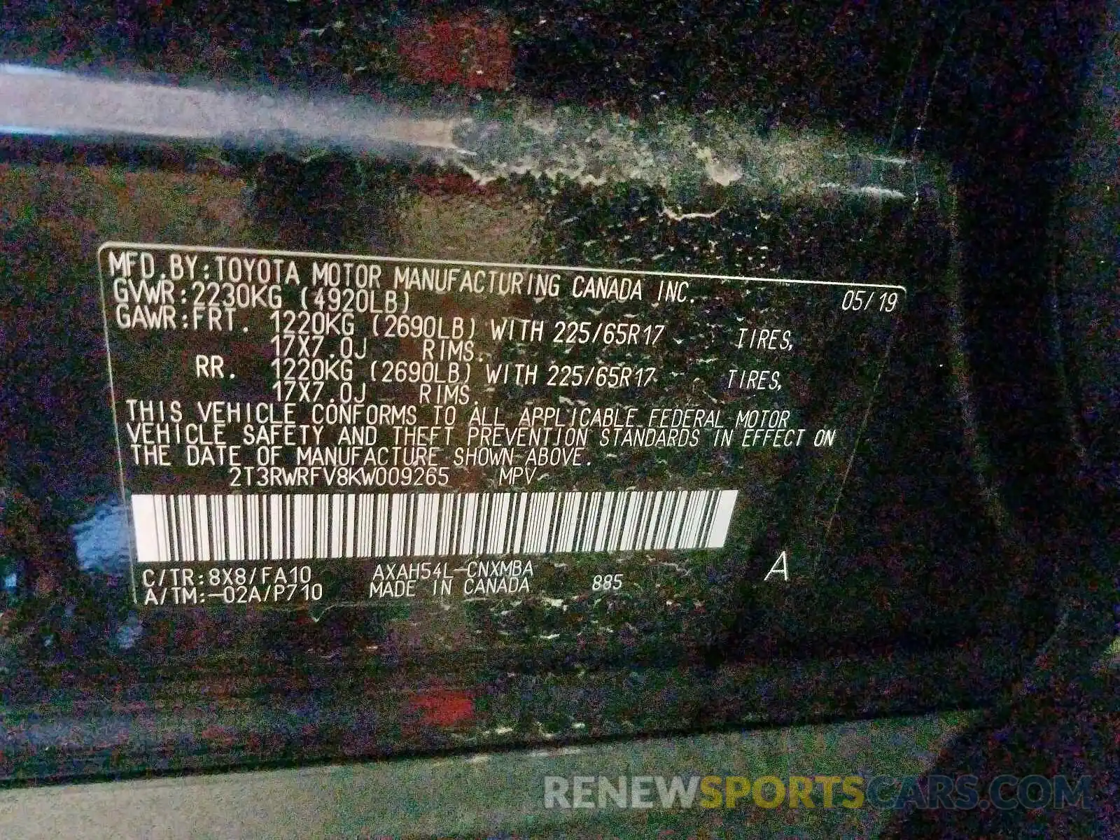 10 Photograph of a damaged car 2T3RWRFV8KW009265 TOYOTA RAV4 2019