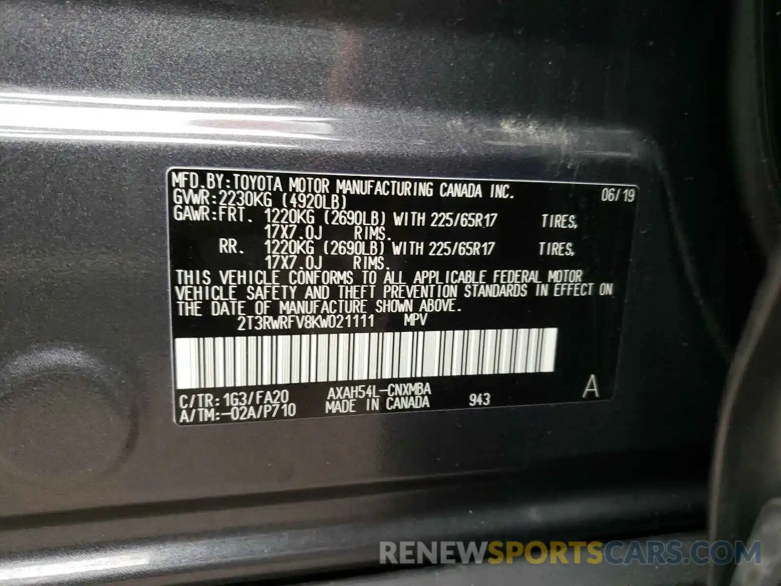 10 Photograph of a damaged car 2T3RWRFV8KW021111 TOYOTA RAV4 2019