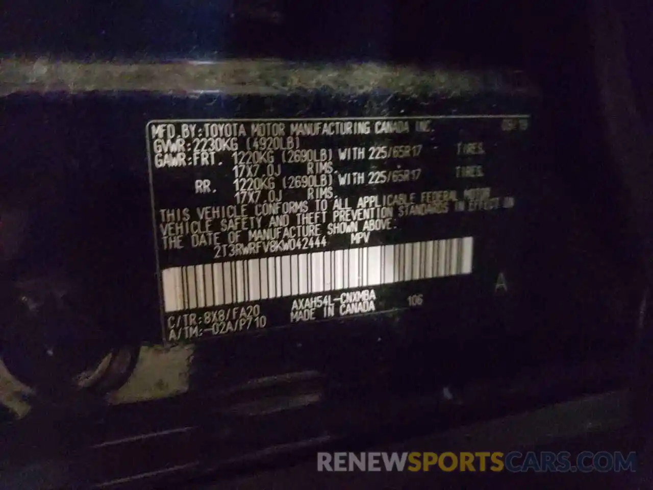 10 Фотография поврежденного автомобиля 2T3RWRFV8KW042444 TOYOTA RAV4 2019