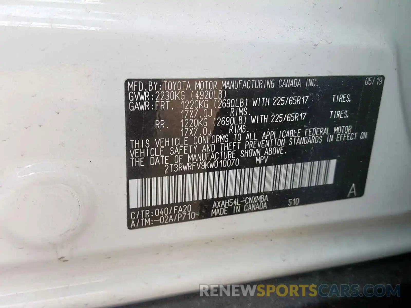 10 Photograph of a damaged car 2T3RWRFV9KW010070 TOYOTA RAV4 2019