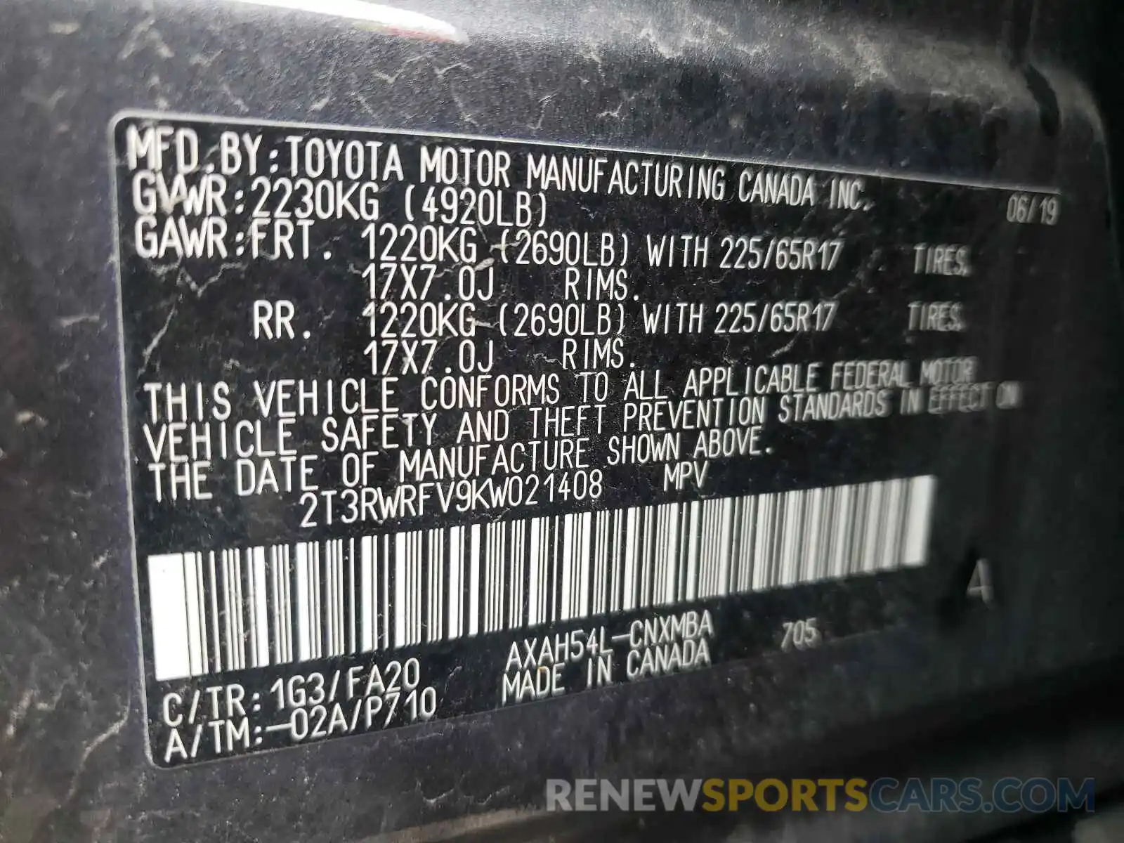 10 Фотография поврежденного автомобиля 2T3RWRFV9KW021408 TOYOTA RAV4 2019