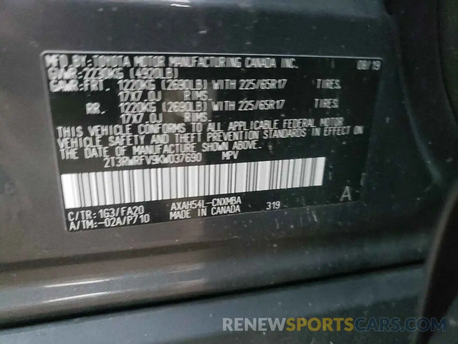 10 Photograph of a damaged car 2T3RWRFV9KW037690 TOYOTA RAV4 2019