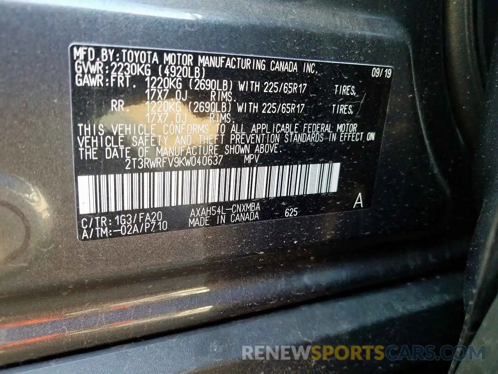 10 Photograph of a damaged car 2T3RWRFV9KW040637 TOYOTA RAV4 2019