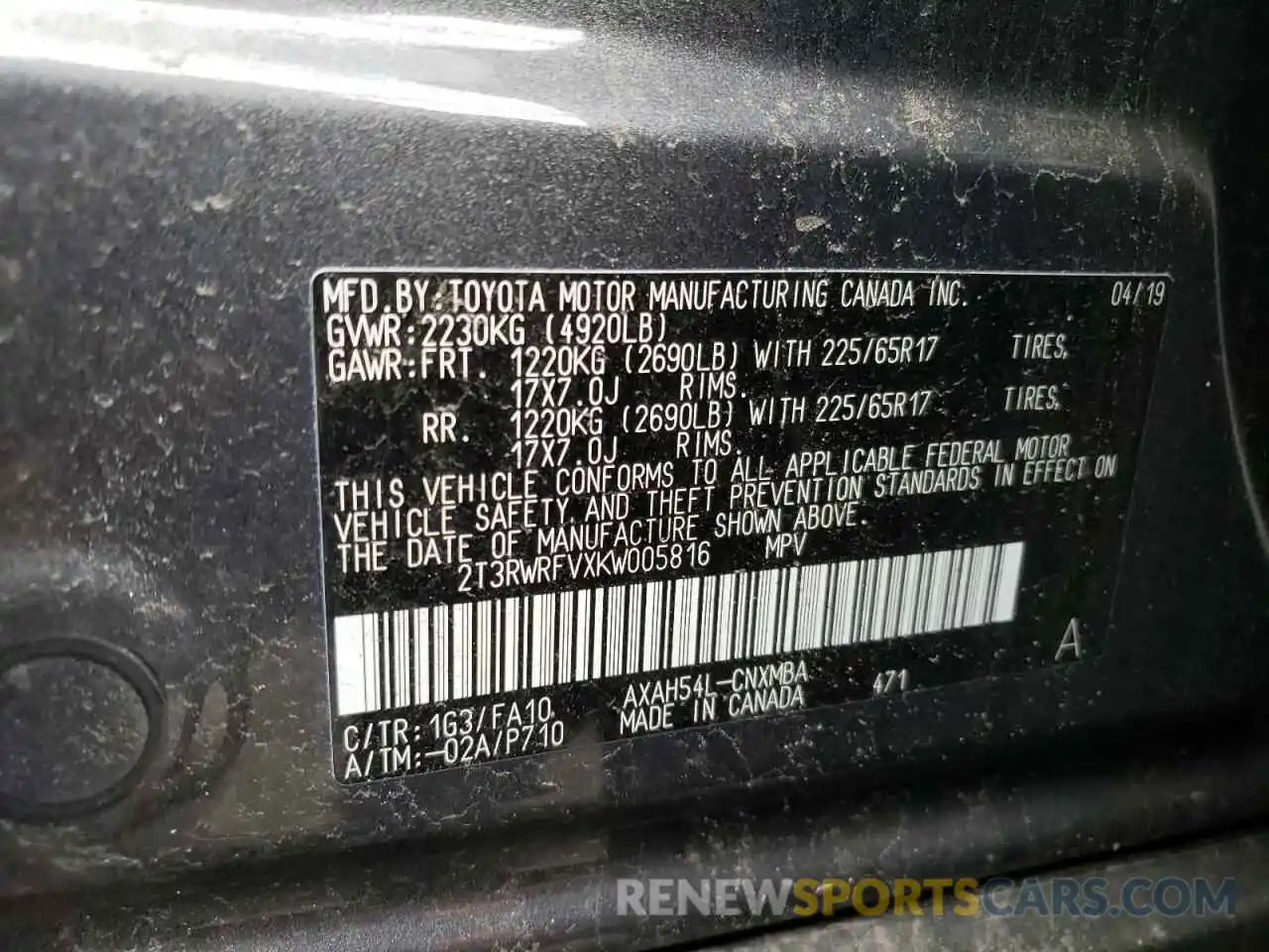 10 Photograph of a damaged car 2T3RWRFVXKW005816 TOYOTA RAV4 2019