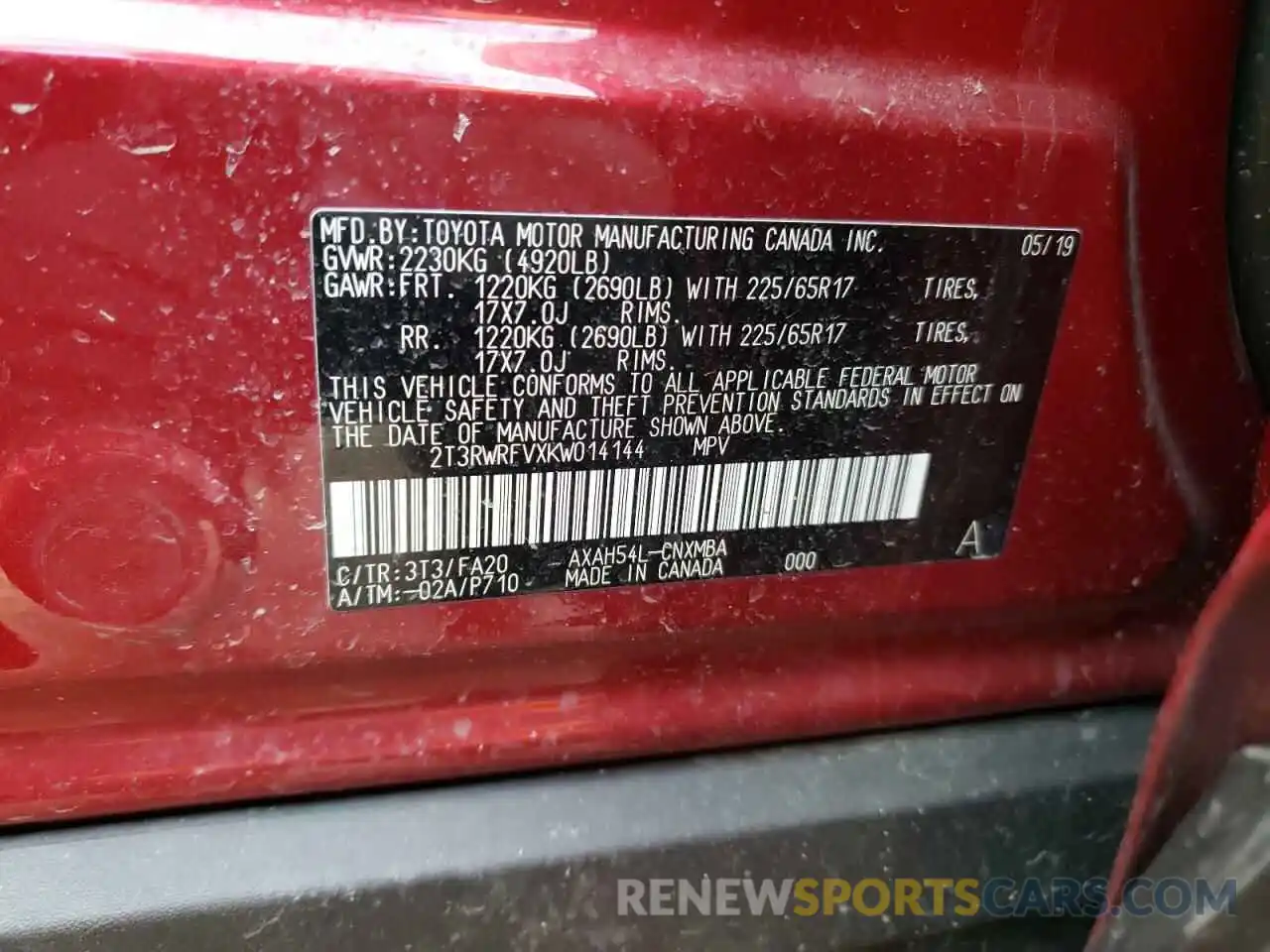 10 Фотография поврежденного автомобиля 2T3RWRFVXKW014144 TOYOTA RAV4 2019