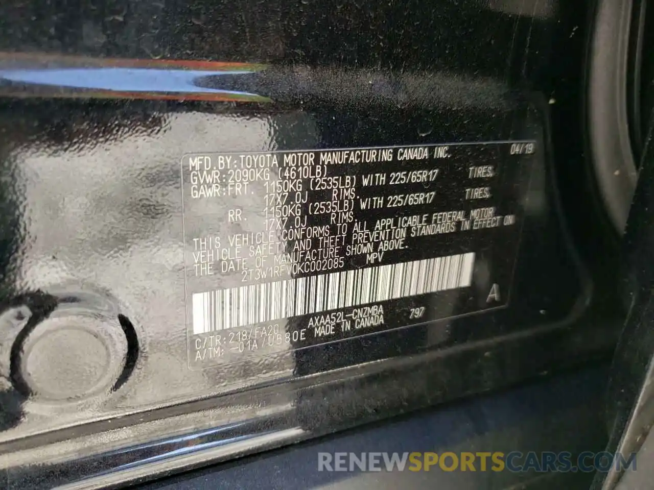 10 Photograph of a damaged car 2T3W1RFV0KC002085 TOYOTA RAV4 2019