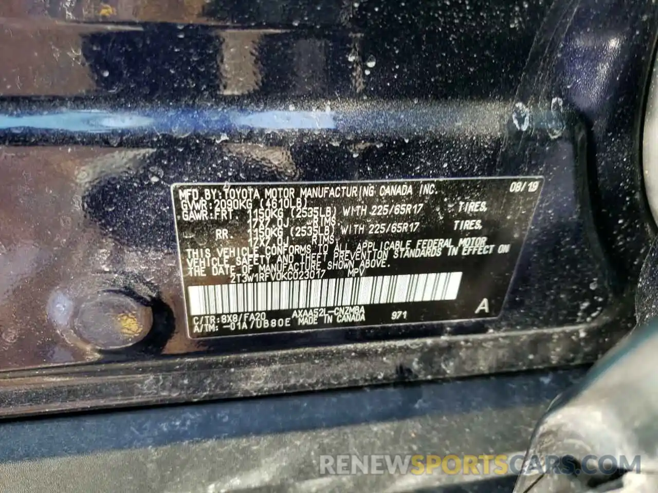 10 Photograph of a damaged car 2T3W1RFV0KC023017 TOYOTA RAV4 2019