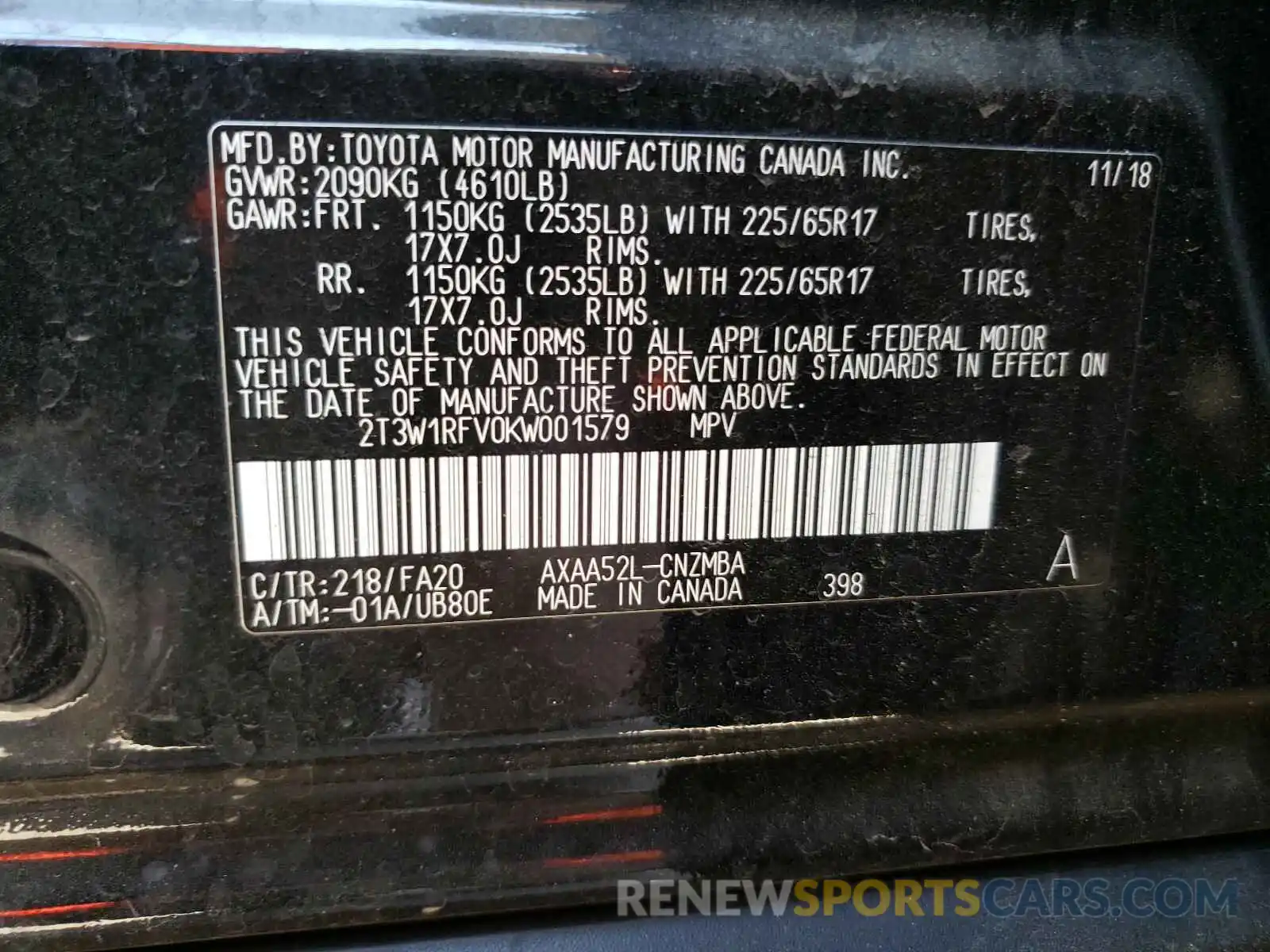 10 Photograph of a damaged car 2T3W1RFV0KW001579 TOYOTA RAV4 2019