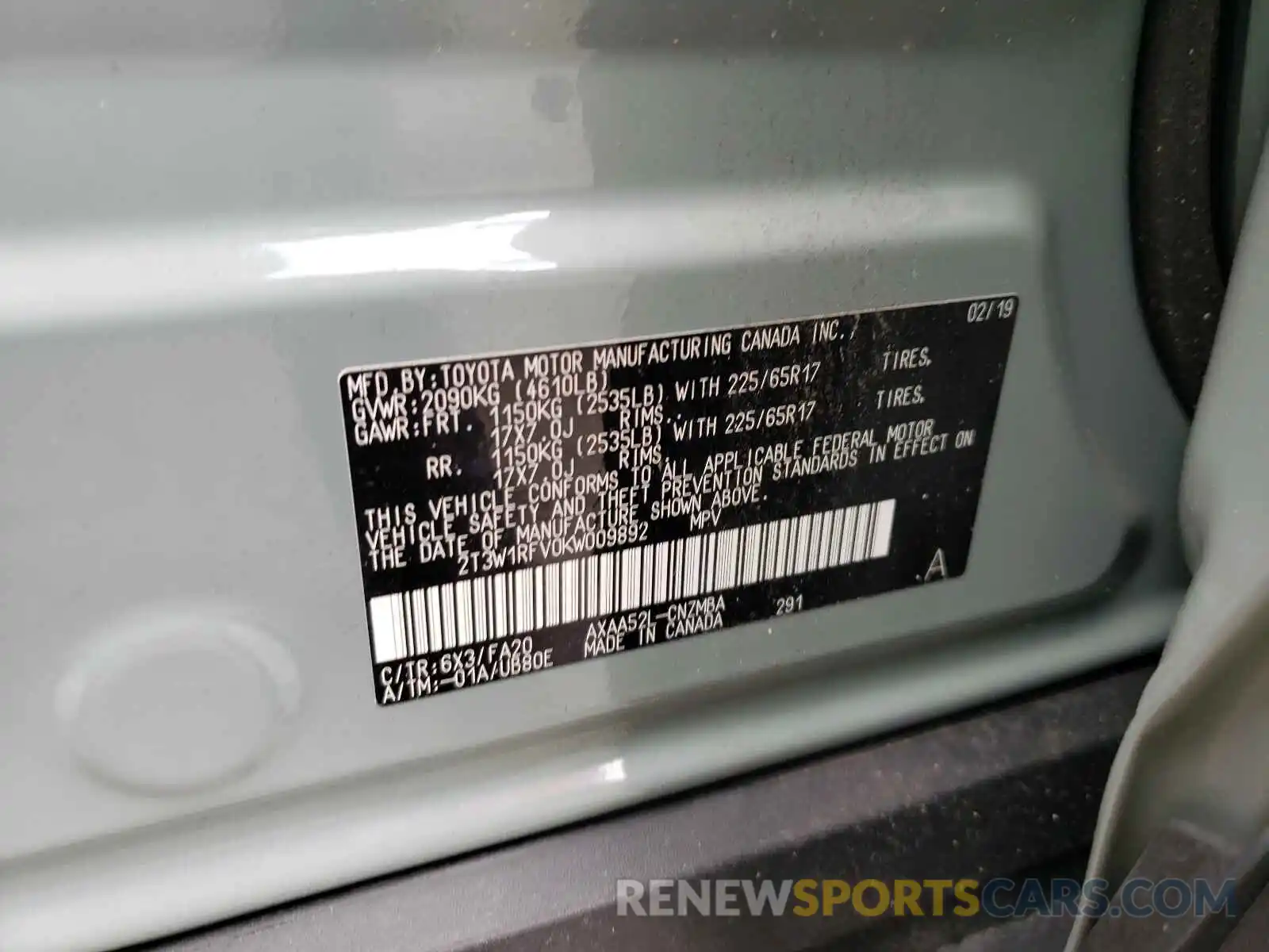 10 Photograph of a damaged car 2T3W1RFV0KW009892 TOYOTA RAV4 2019