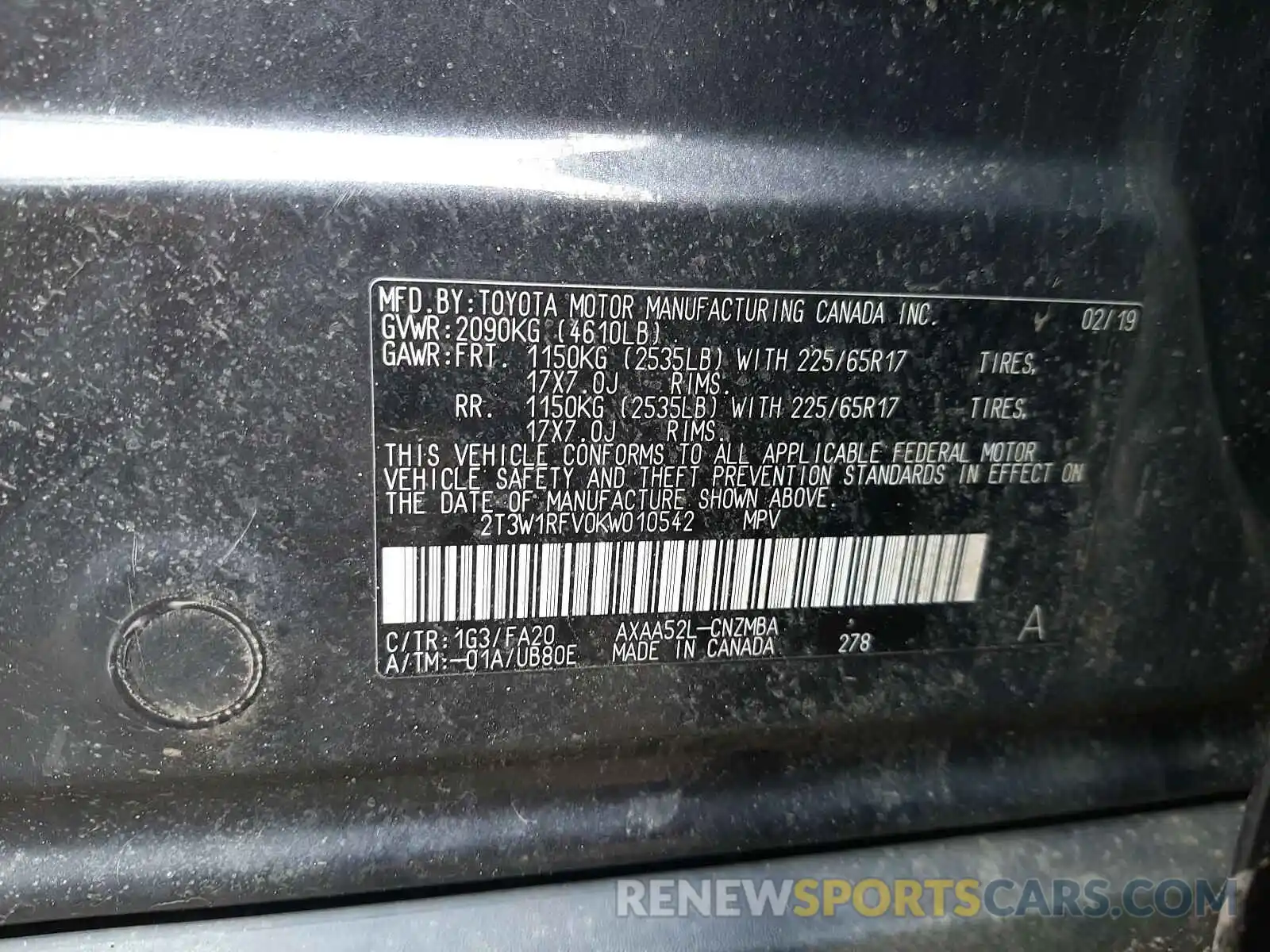 10 Photograph of a damaged car 2T3W1RFV0KW010542 TOYOTA RAV4 2019