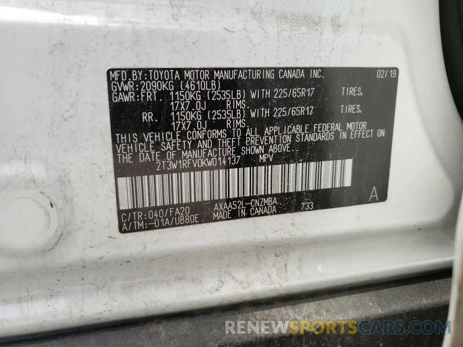 10 Photograph of a damaged car 2T3W1RFV0KW014137 TOYOTA RAV4 2019