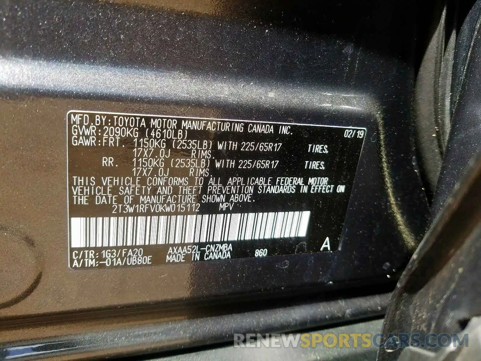 10 Photograph of a damaged car 2T3W1RFV0KW015112 TOYOTA RAV4 2019