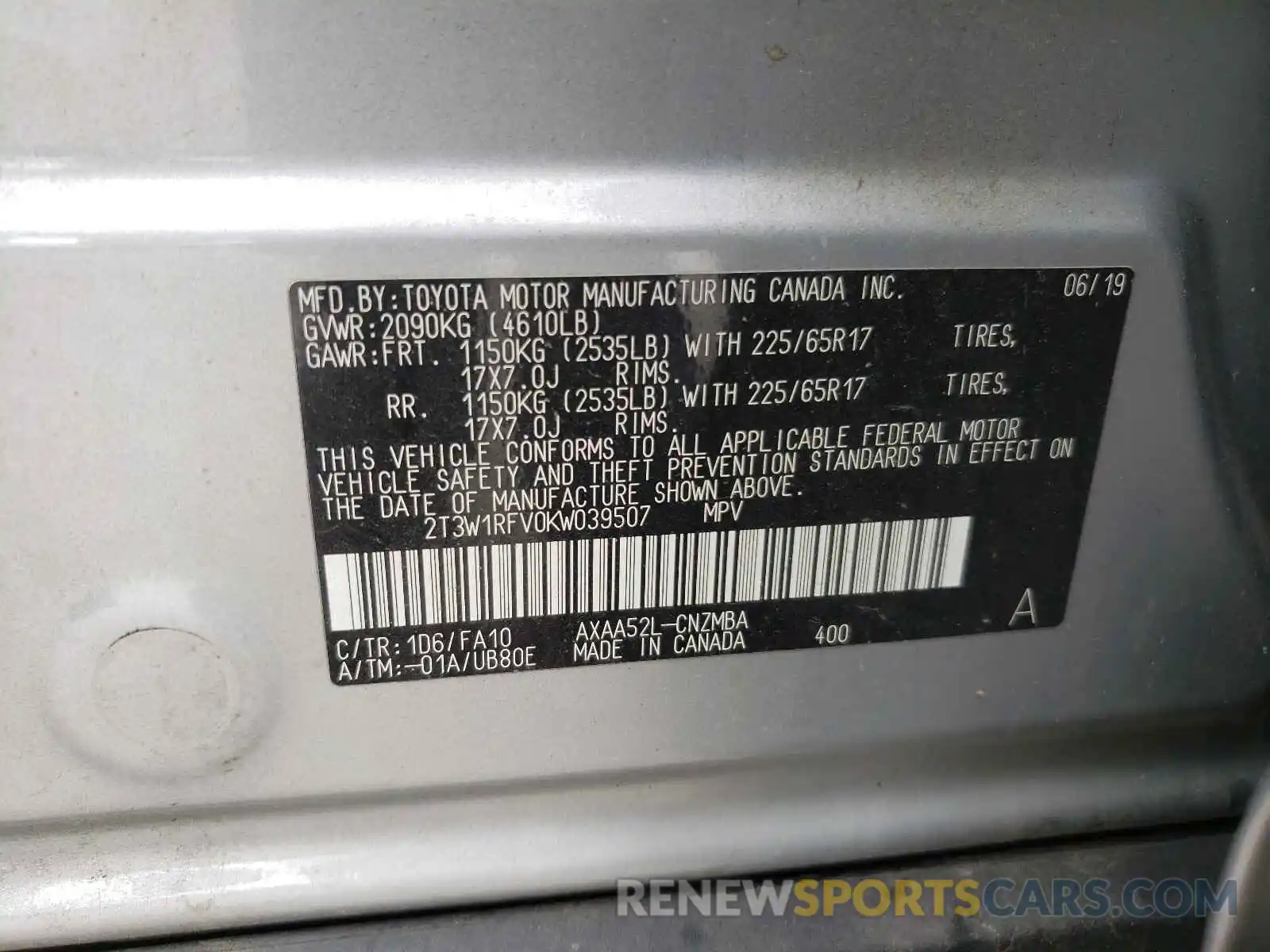 10 Photograph of a damaged car 2T3W1RFV0KW039507 TOYOTA RAV4 2019