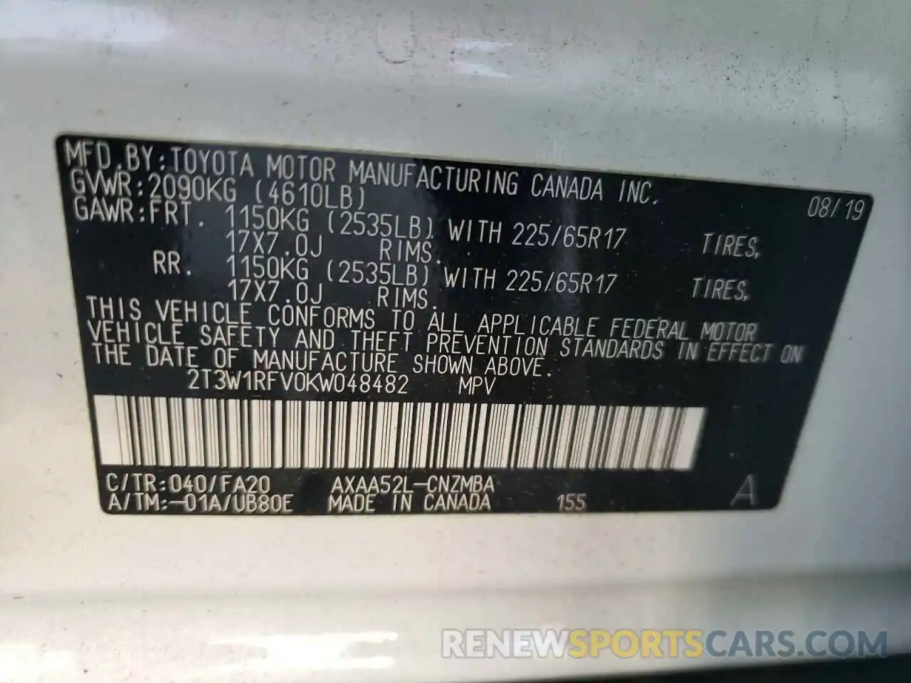 10 Photograph of a damaged car 2T3W1RFV0KW048482 TOYOTA RAV4 2019