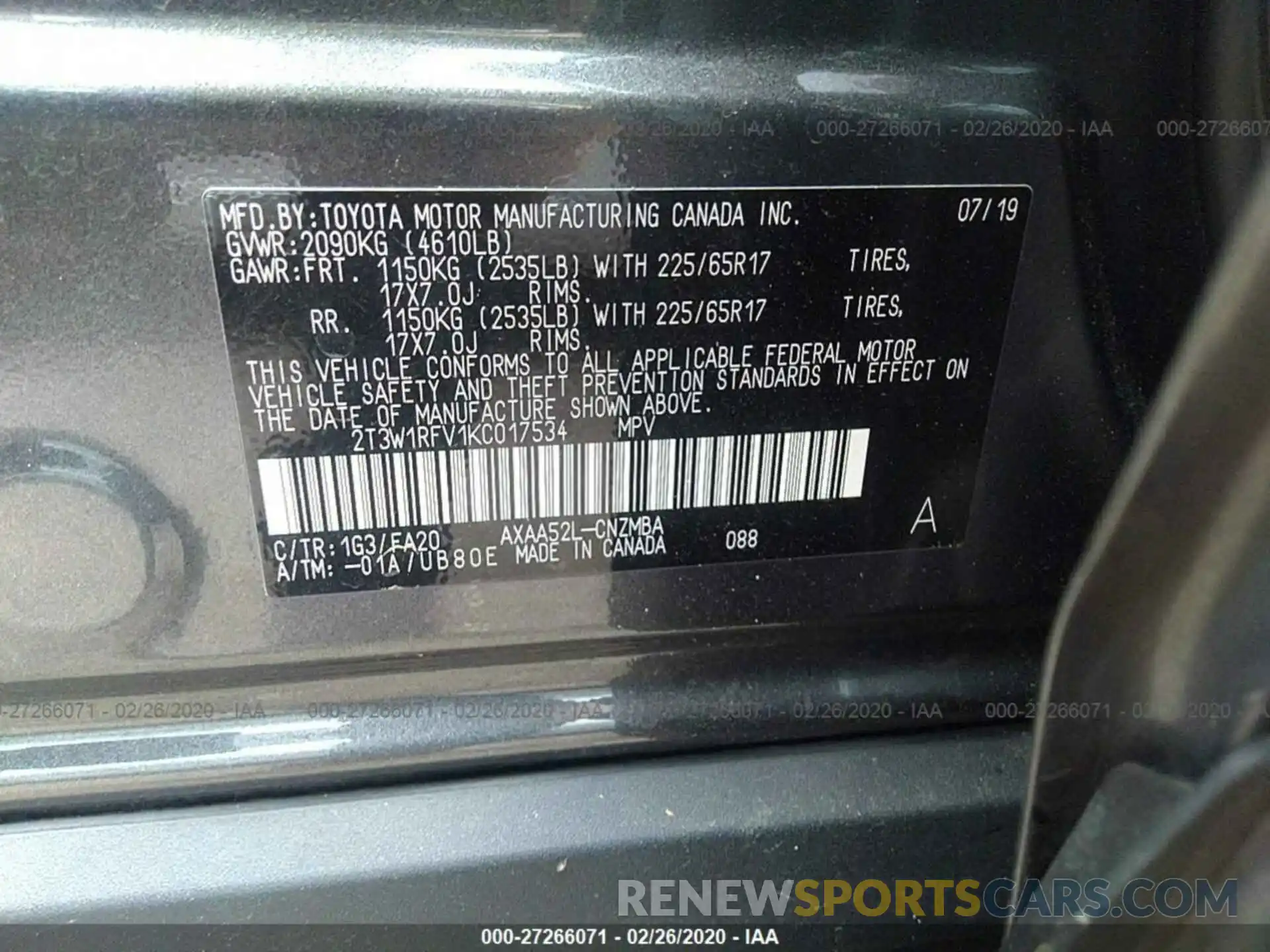 9 Фотография поврежденного автомобиля 2T3W1RFV1KC017534 TOYOTA RAV4 2019