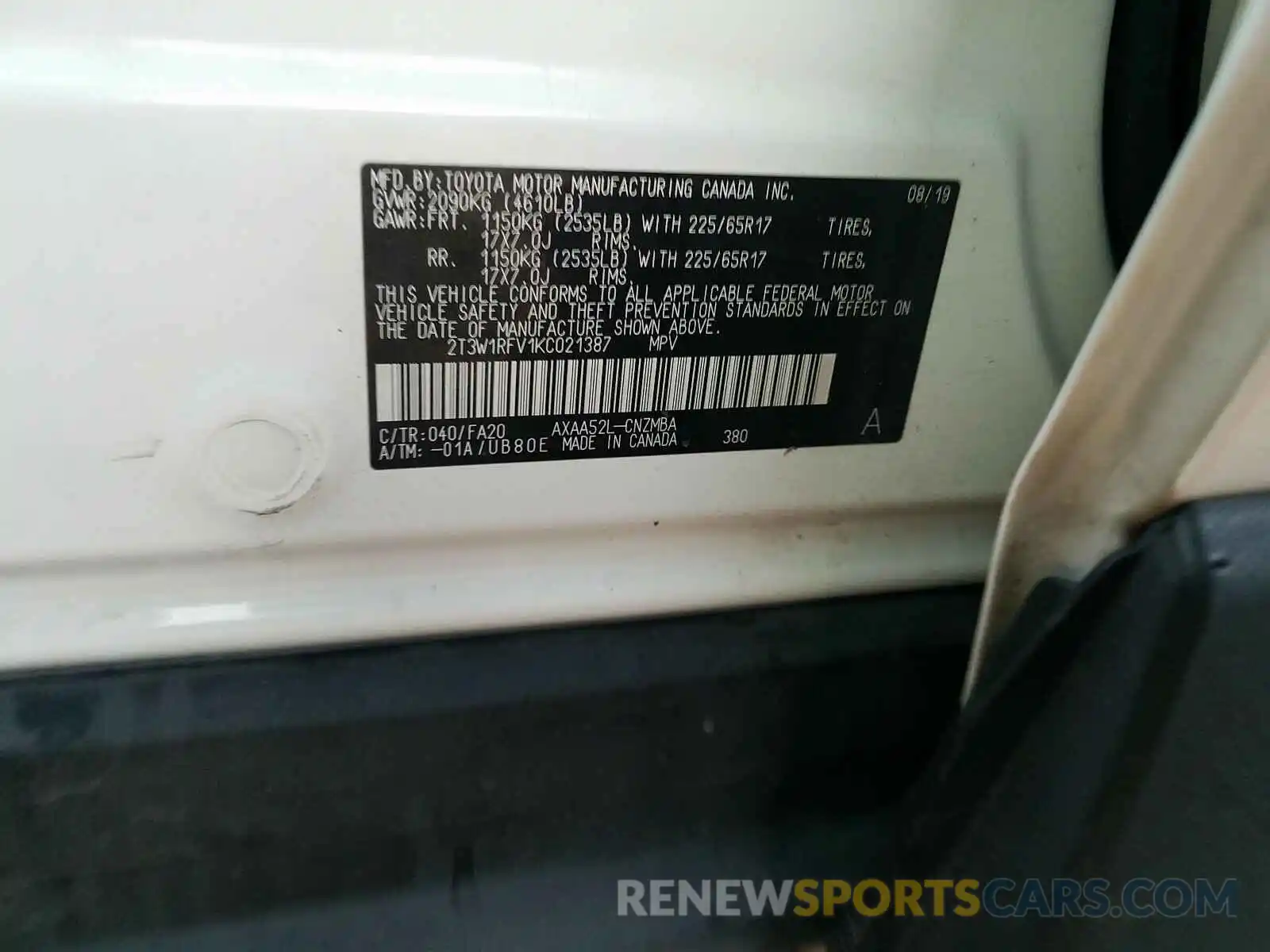 10 Photograph of a damaged car 2T3W1RFV1KC021387 TOYOTA RAV4 2019