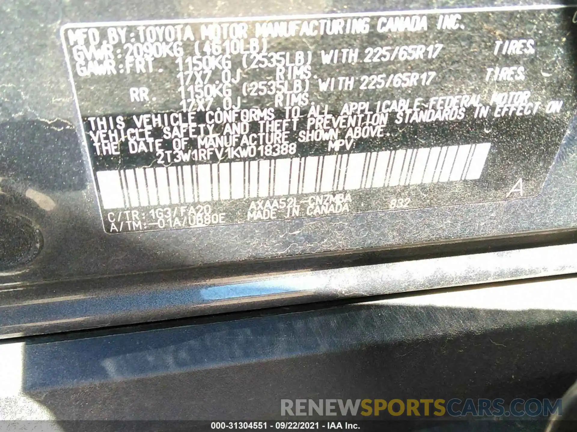 9 Photograph of a damaged car 2T3W1RFV1KW018388 TOYOTA RAV4 2019